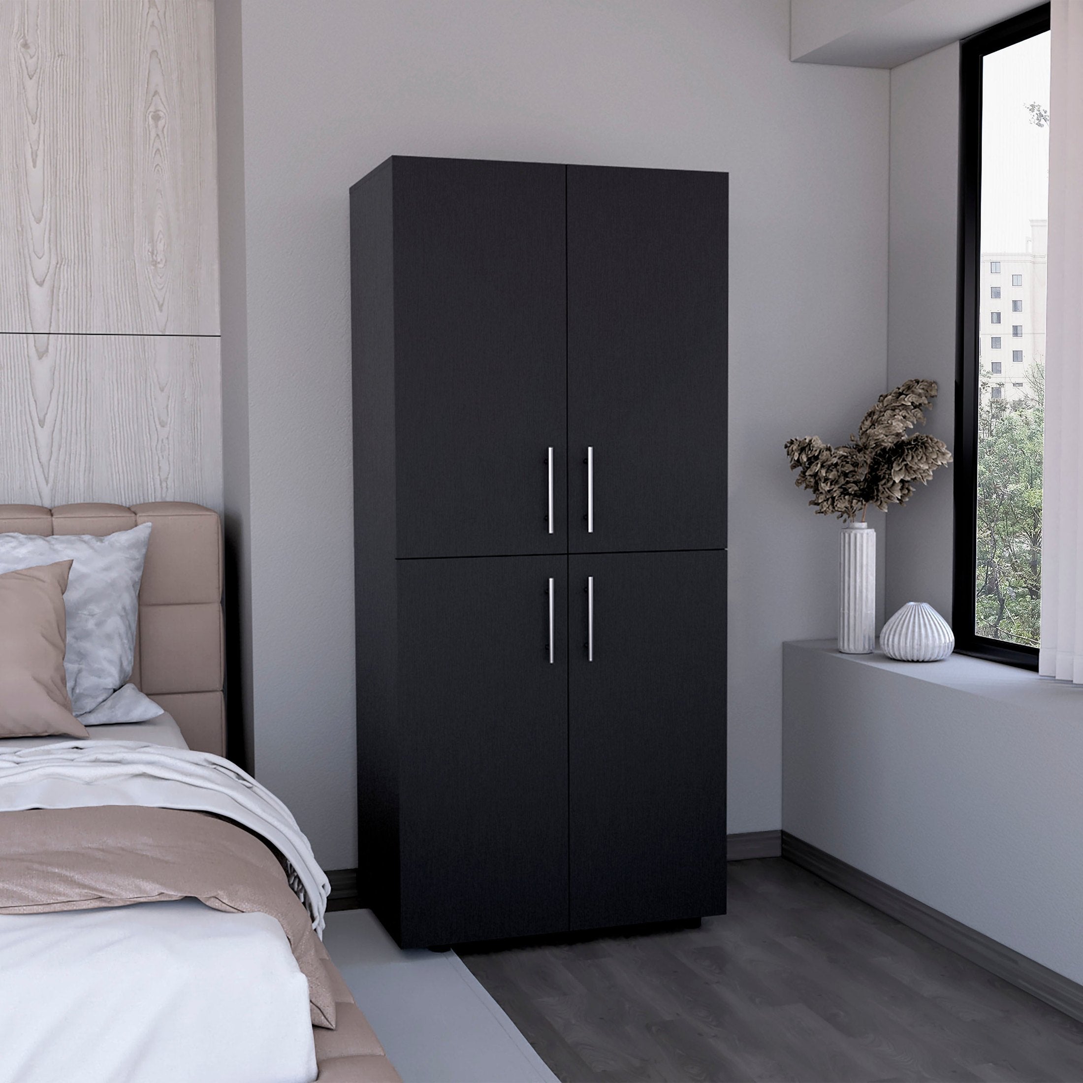 Hazel 70' High Four-Door Armoire Wardrove Closet Cabinet, Six Shelves and Two Hanging Rods, Bedroom Clothes Storage Cabinet Organizer