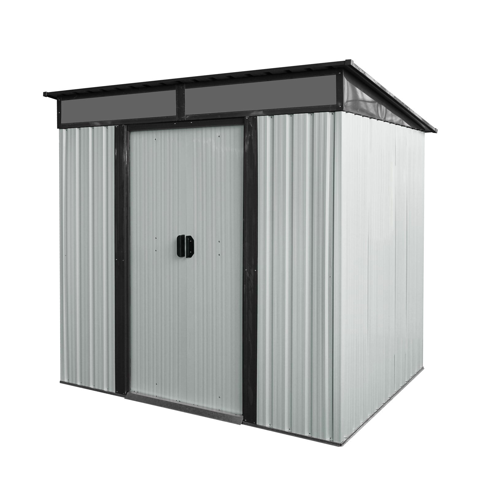 Outdoor Metal Storage Shed with Lockable Sliding Doors and Transparent Panels in White and Black, 6ft x 5ft, Iron