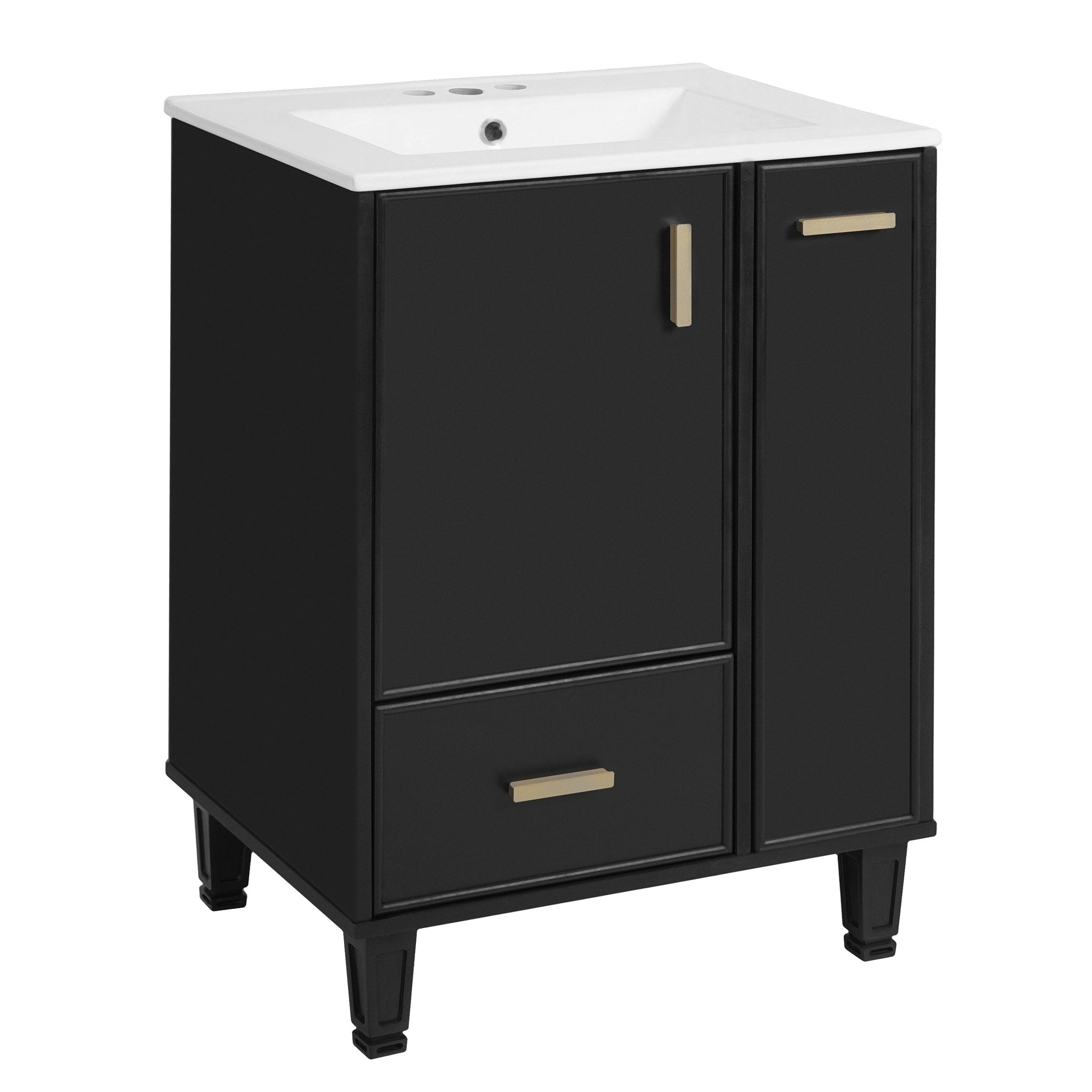 Modern Black Solid Wood and MDF 24' Bathroom Vanity with Sink, Deep Drawer, Door Shelf, 2-Tier Basket