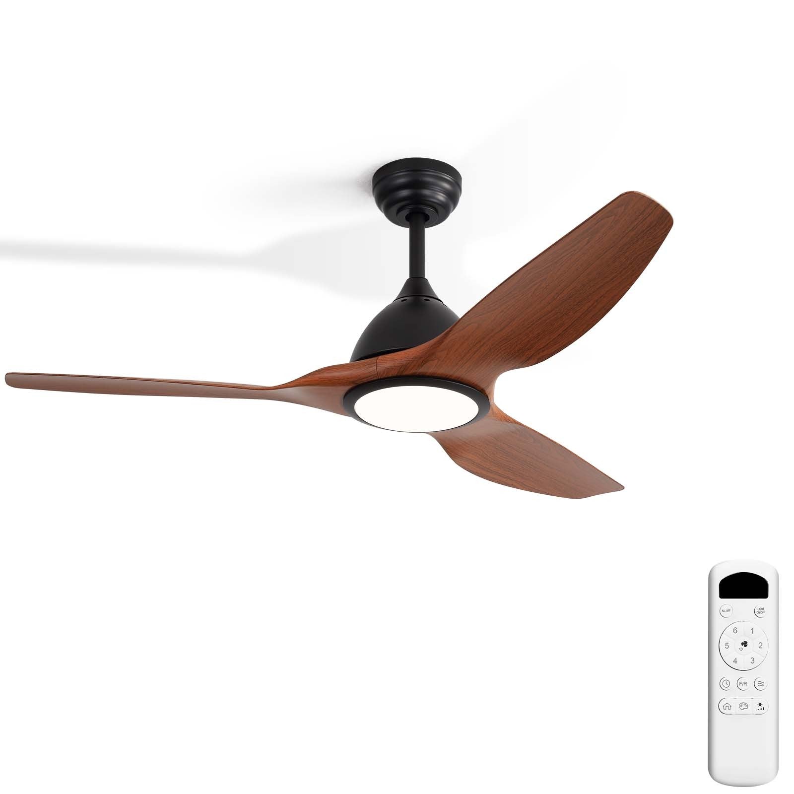52' Modern Smart Ceiling Fan - Matte Black & Wood Grain, with Dimmable 3-Color LED Light (Memory Feature), Remote Control, Quiet Reversible DC Motor