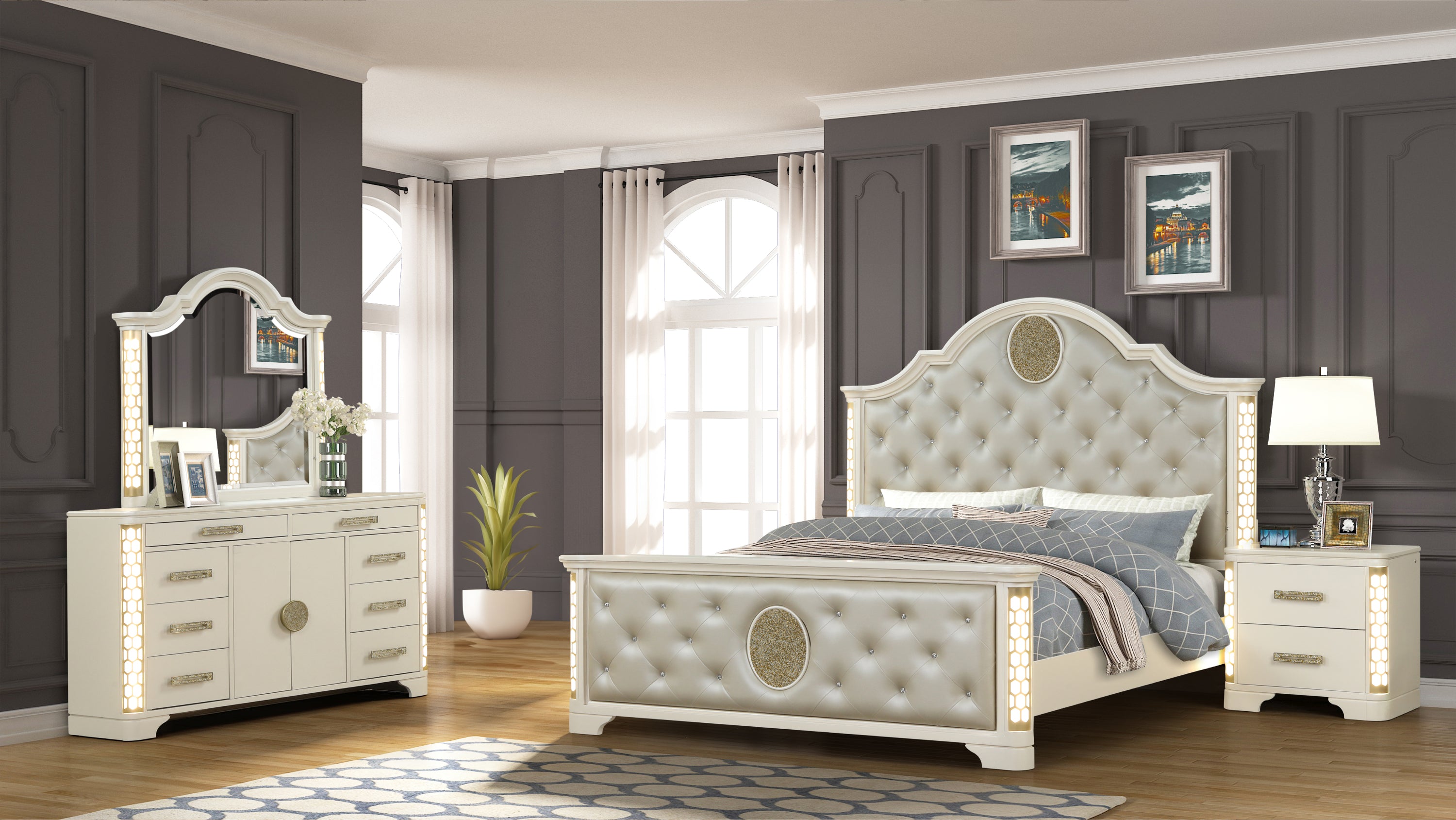 Jasmine Queen 4 Pc Unique LED Bedroom Set made with Wood in Beige (CA INVENTORY)