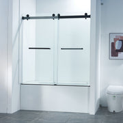 56-60'W x 60'H Frameless Double Sliding Tub Shower Door, 304 Stainless Steel in Matte Black, 5/16' (8mm) Thick SGCC Tempered Clear Glass.