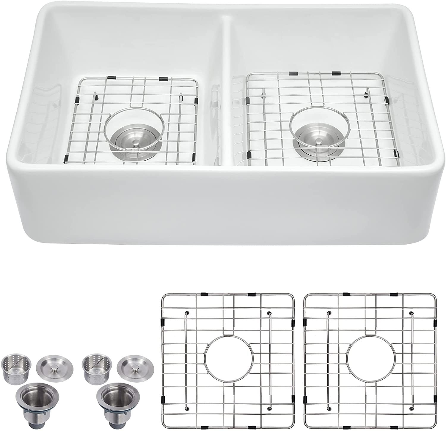 32' L x 20' W Double Basin Farmhouse Kitchen Sink with Basket Strainer