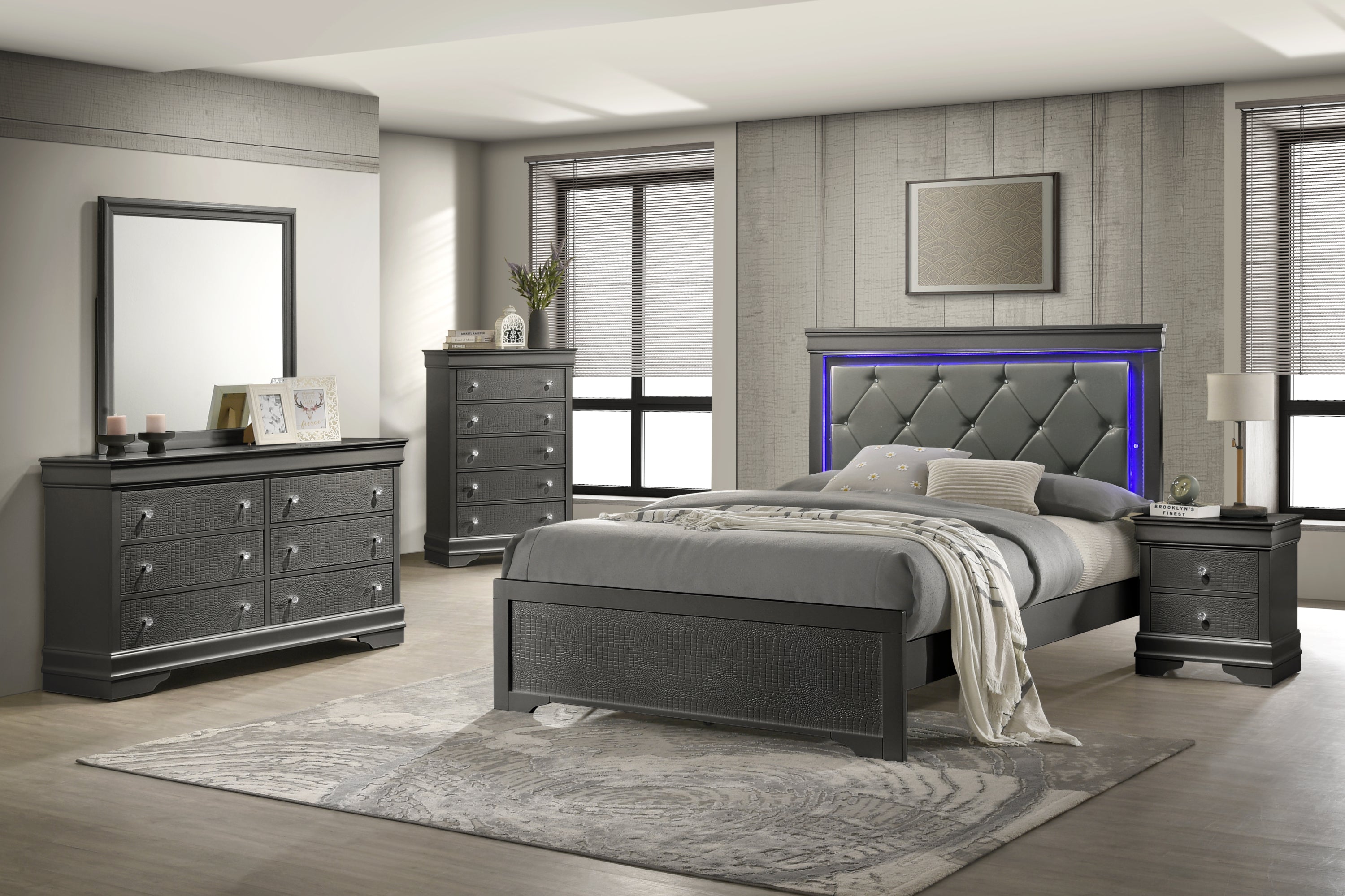 Blaze Upholstered Modern Style 5 Pc King Bedroom Set with LED Headboard Made with Wood in Metallic Gray(CA WAREHOUSE)