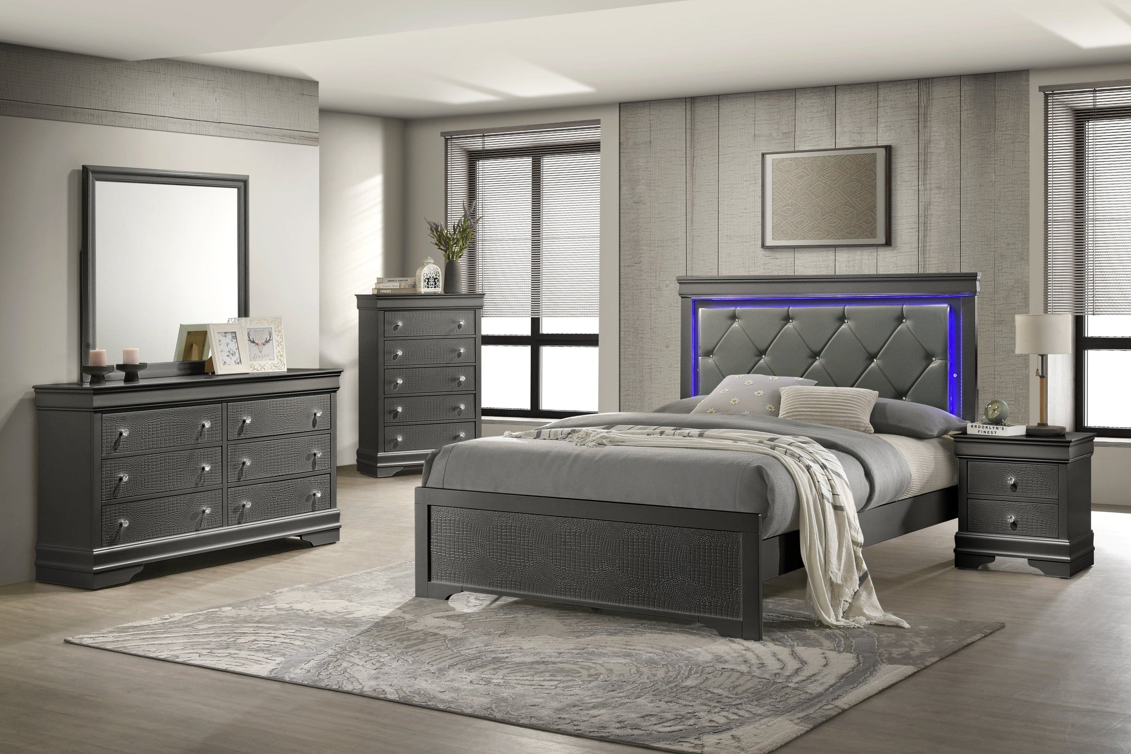 Blaze Upholstered Modern Style 5 Pc King Bedroom Set with LED Headboard Made with Wood in Metallic Gray(NJ INVENTORY)