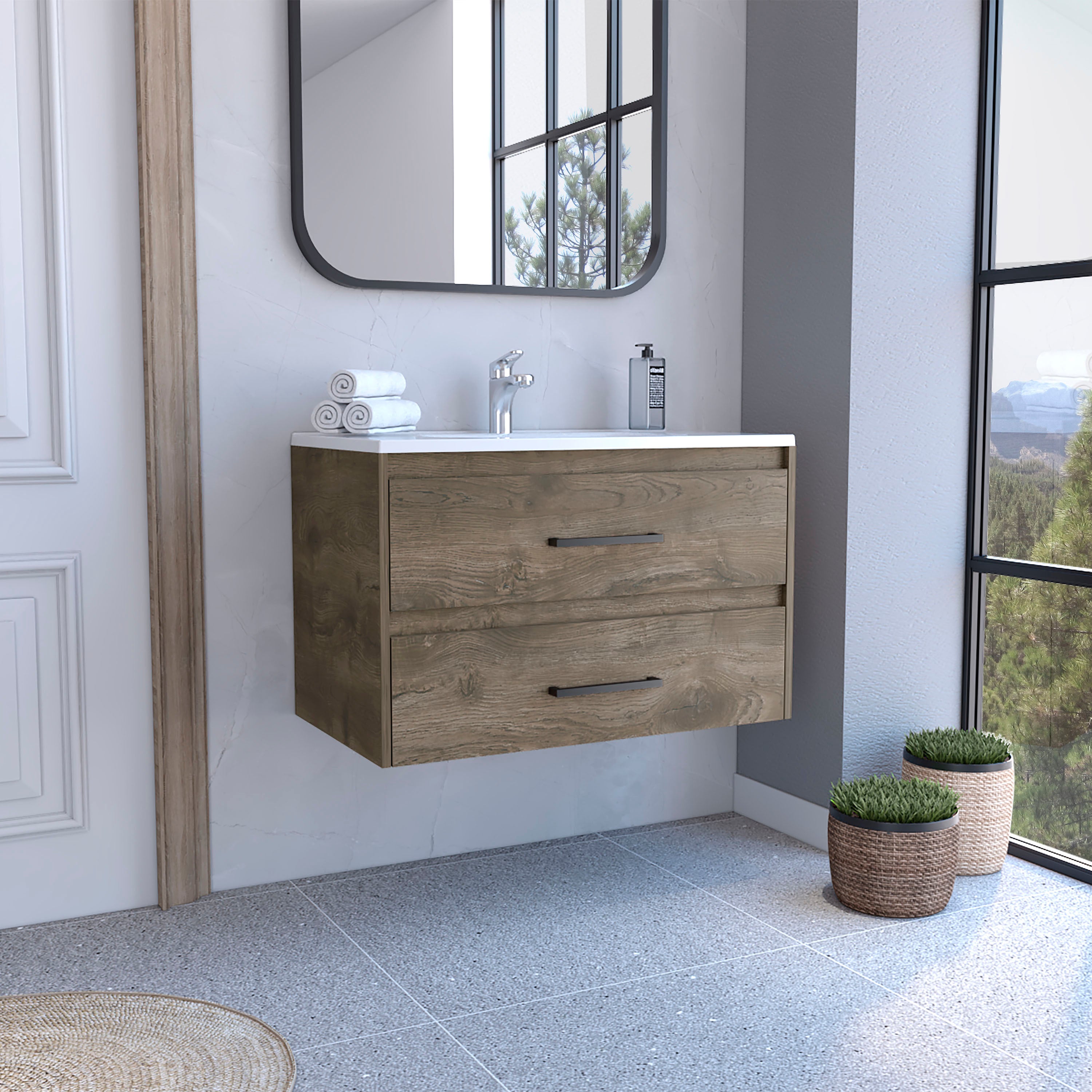 Praga Floating Vanity Sink with 2-Drawers  Dark Brown / White