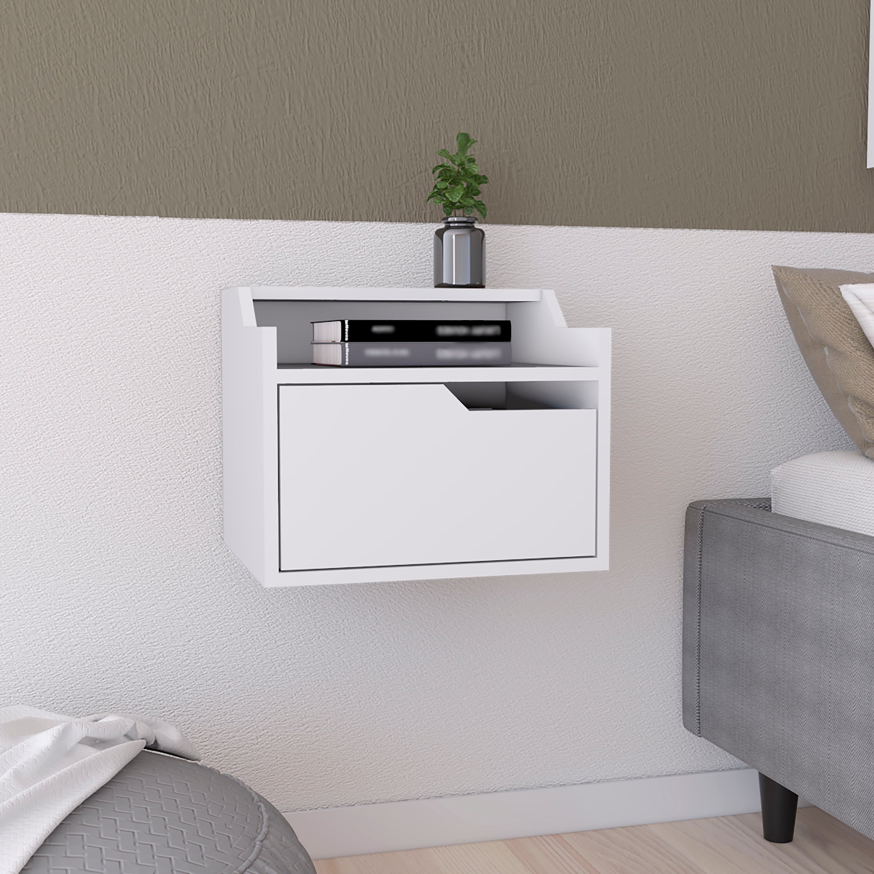 Winchester Floating Nightstand, Modern Dual-Tier Design with Spacious Single Drawer Storage, White