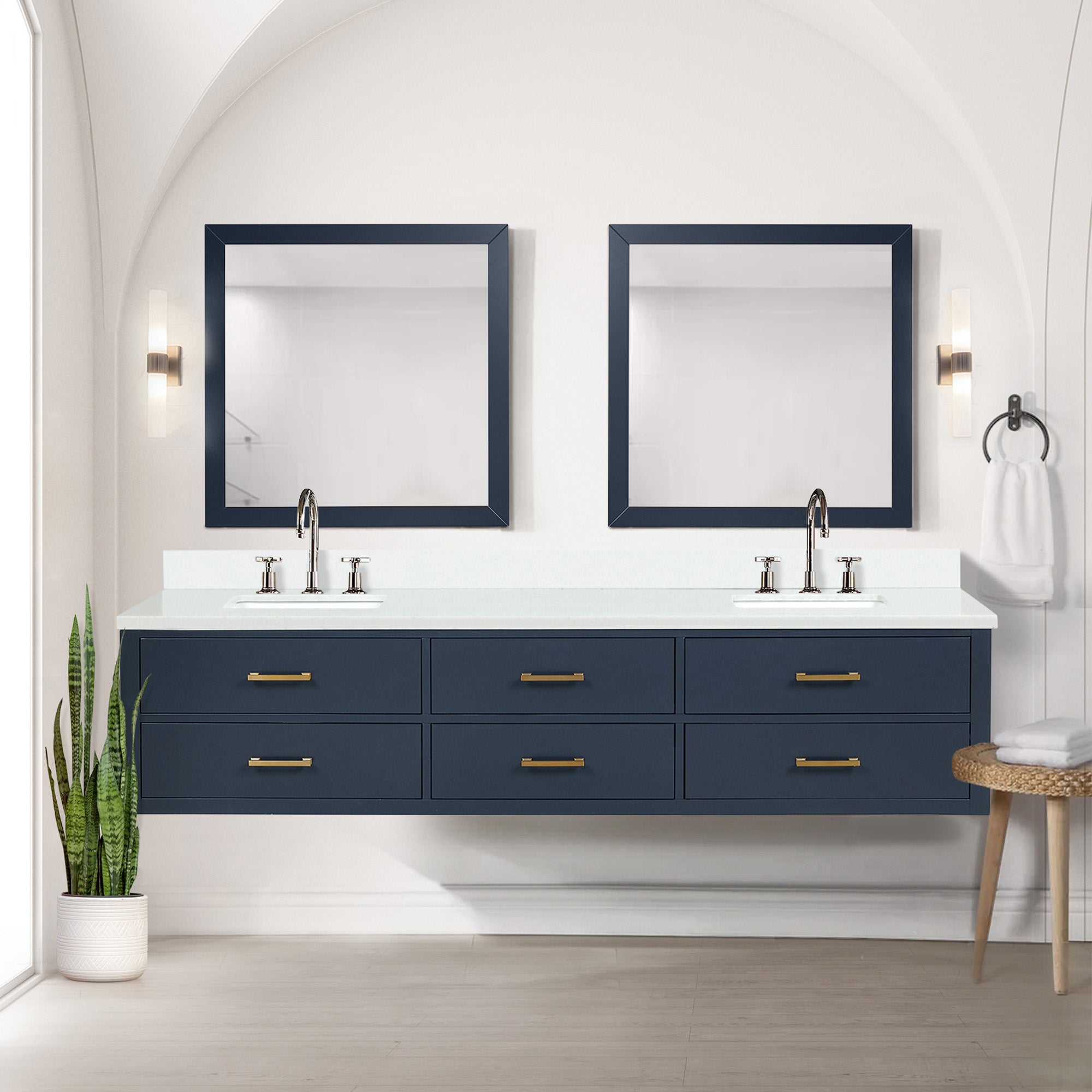 Blue Double Bath Vanity 84 in. W x 22 in. D, with White Quartz Top