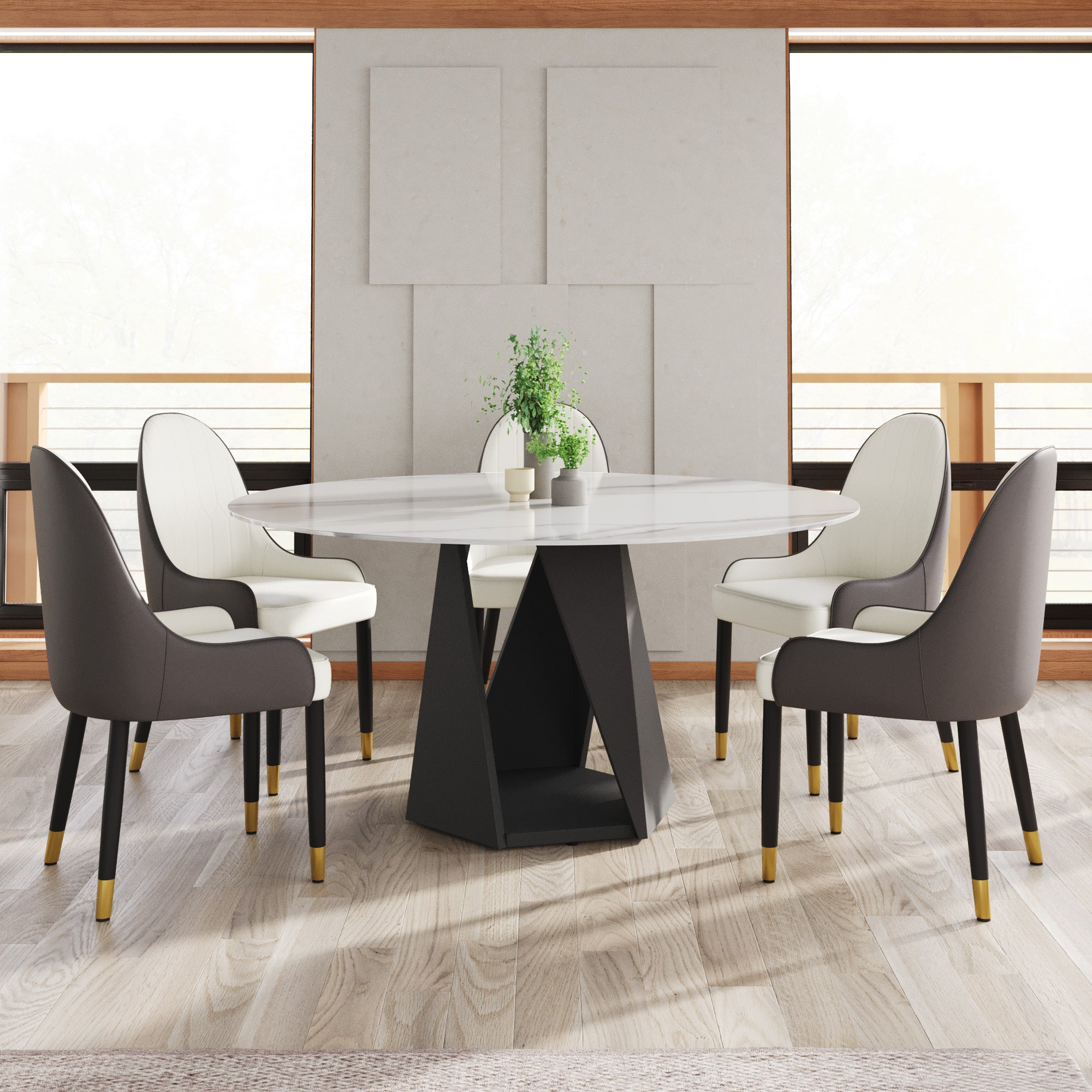 59.05' Round Marble Dining Table with Black Iron Metal Base, Artificial Marble for 6-8 People, Dining Room/Living Room Kitchen Dining Table,White (Dining Table Only)