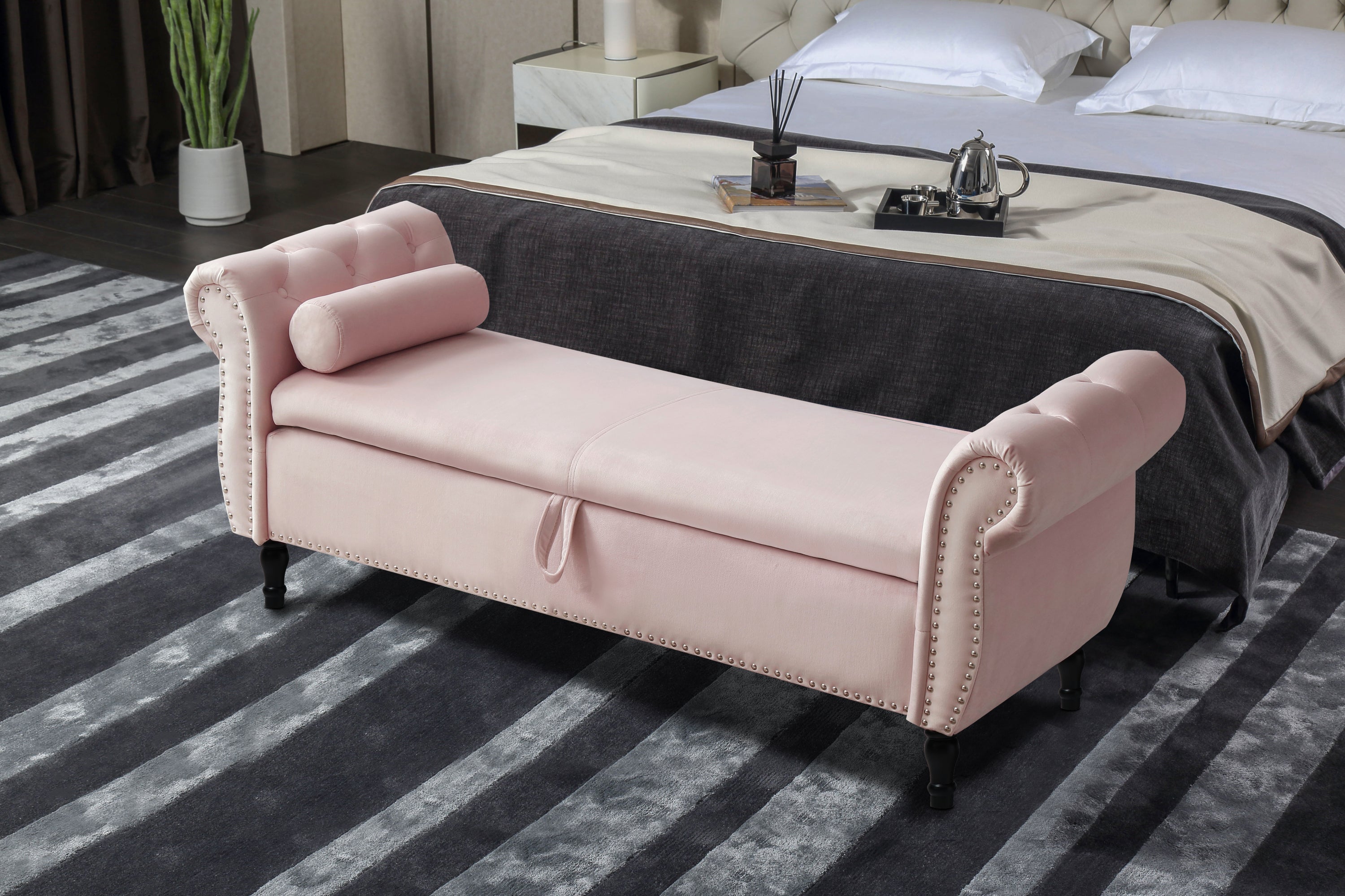 Aijia 63' Velvet Multifunctional Storage Rectangular Sofa Stool Buttons Tufted Nailhead Trimmed Solid Wood Legs with 1 Pillow,Light Pink