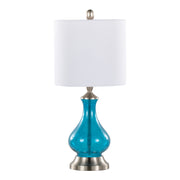 Jasmine 22' Contemporary Glass Accent Lamp in Clear Sapphire Blue Seeded Glass, Brushed Nickel and White Linen Shade from Grandview Gallery by LumiSource