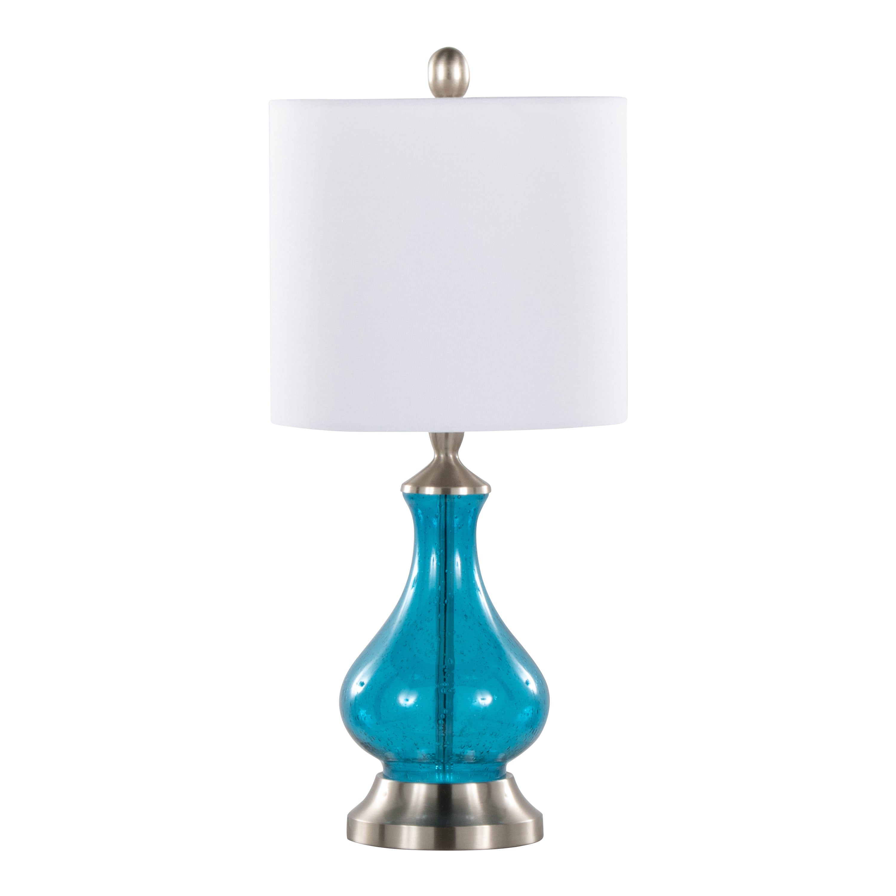 Jasmine 22' Contemporary Glass Accent Lamp in Clear Sapphire Blue Seeded Glass, Brushed Nickel and White Linen Shade from Grandview Gallery by LumiSource