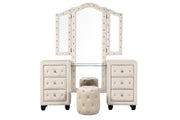 Modern Style Crystal Tufted Upholstery 6-Drawer Vanity Set with Stool, finished with Velvet Fabric made with Wood in Cream(CA Inventory)