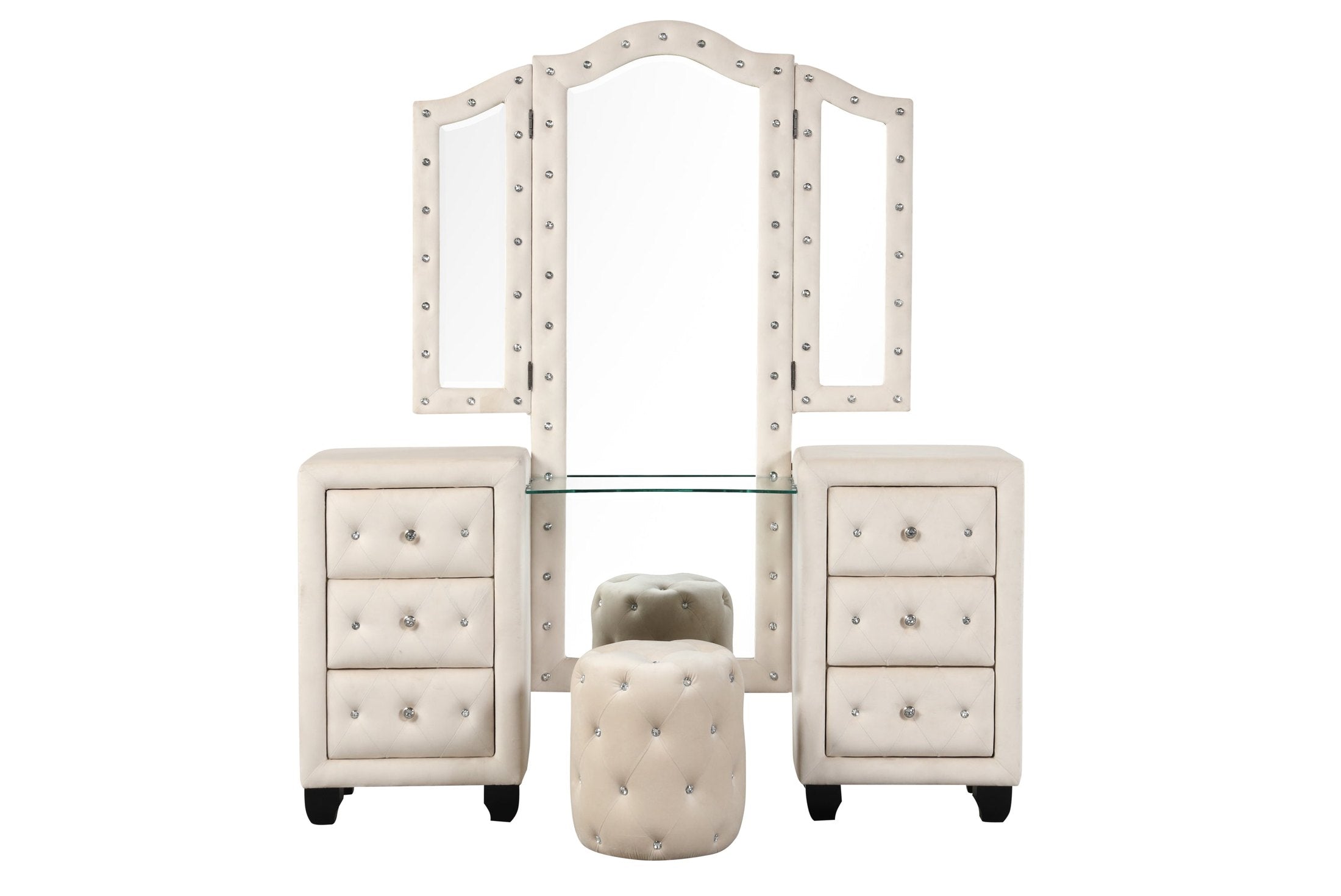 Modern Style Crystal Tufted Upholstery 6-Drawer Vanity Set with Stool, finished with Velvet Fabric made with Wood in Cream(CA Inventory)