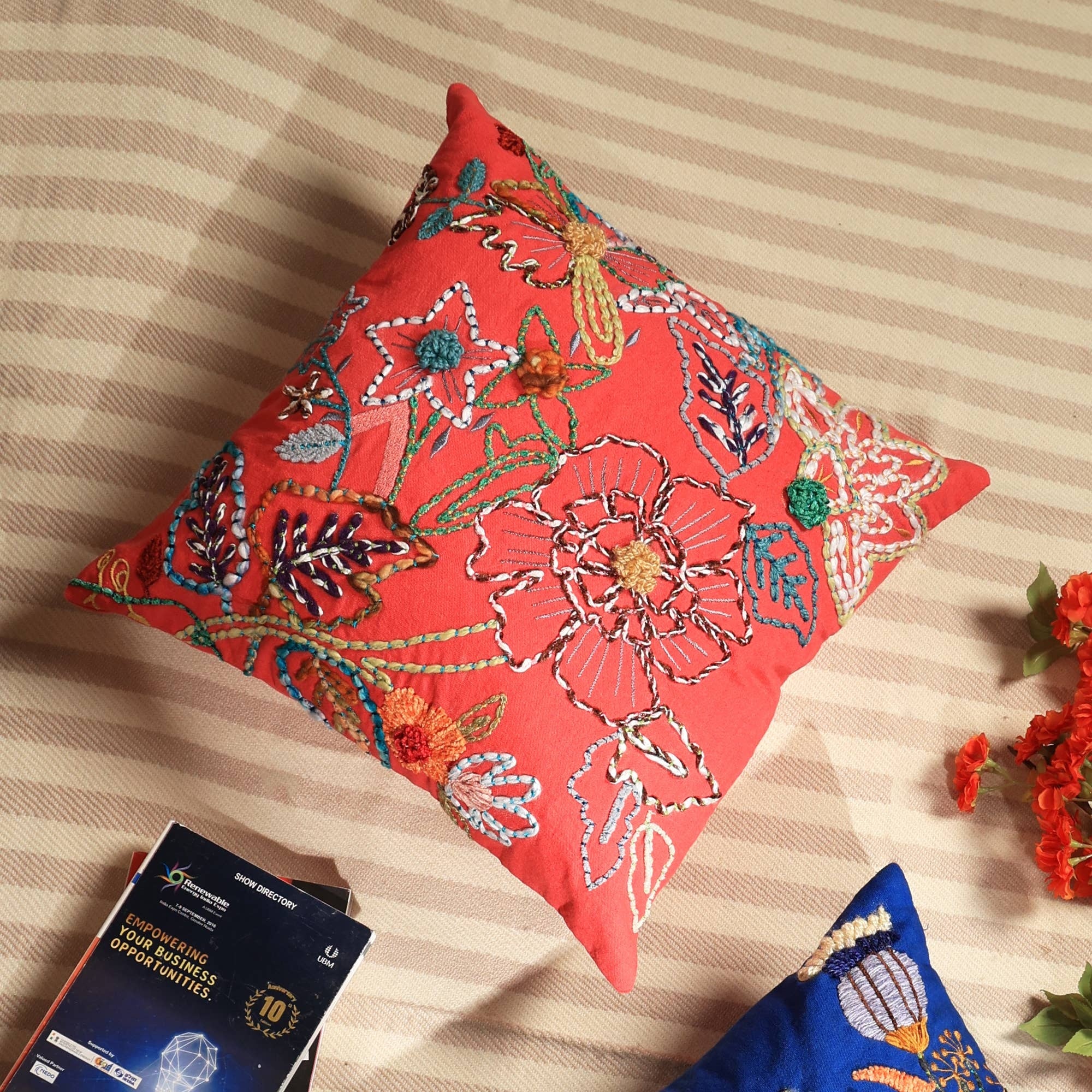 Cotton Embroidered Decor Cushion-Pink-18 X 18 Inch