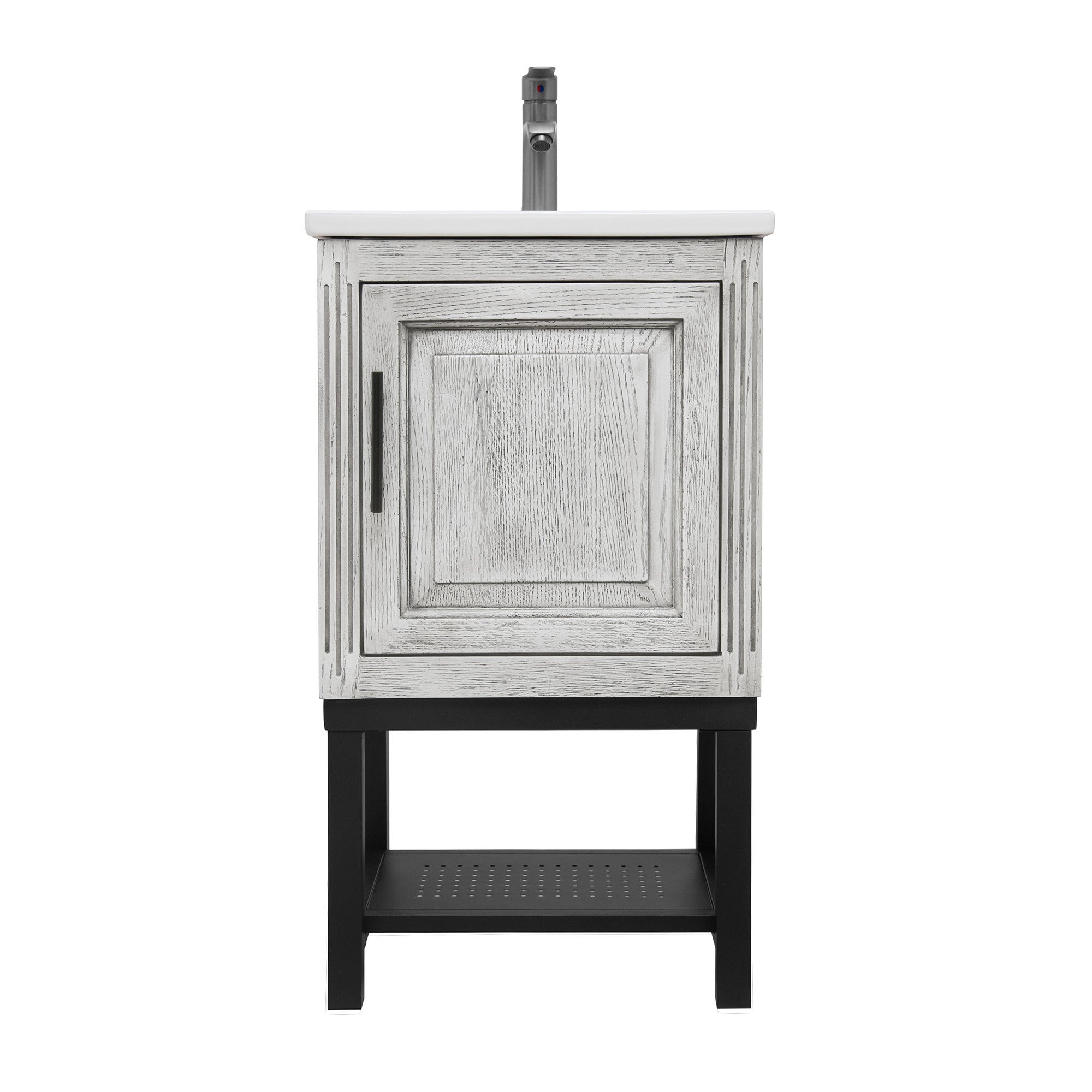 Modern Freestanding 20-Inch White Bathroom Vanity with White Ceramic Sink, Hot and Cold Faucet, 1-Door Cabinet & Open Iron Shelf, Magnesium Oxide and Iron Frame