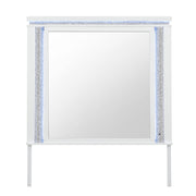 Adalid Square Shaped White Mirror with LED Lighting and Glittered Detailing in Solid Wood and MDF