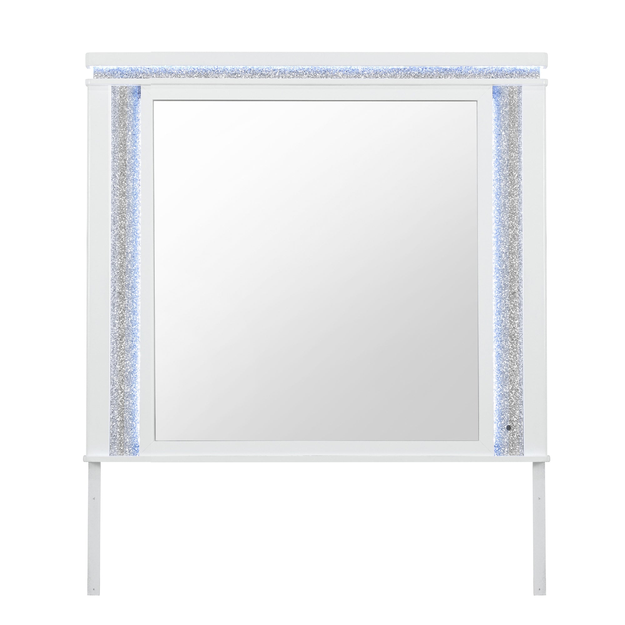 Adalid Square Shaped White Mirror with LED Lighting and Glittered Detailing in Solid Wood and MDF