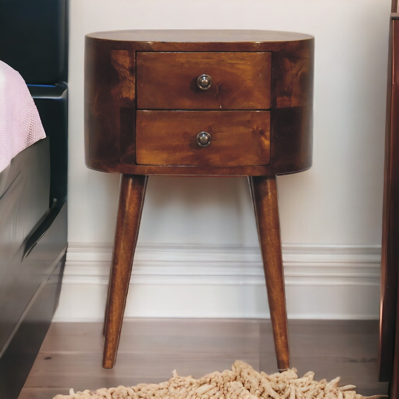 Solid Wood Mini Chestnut Rounded Nightstand, 2-Drawers, Nordic Legs, Brown