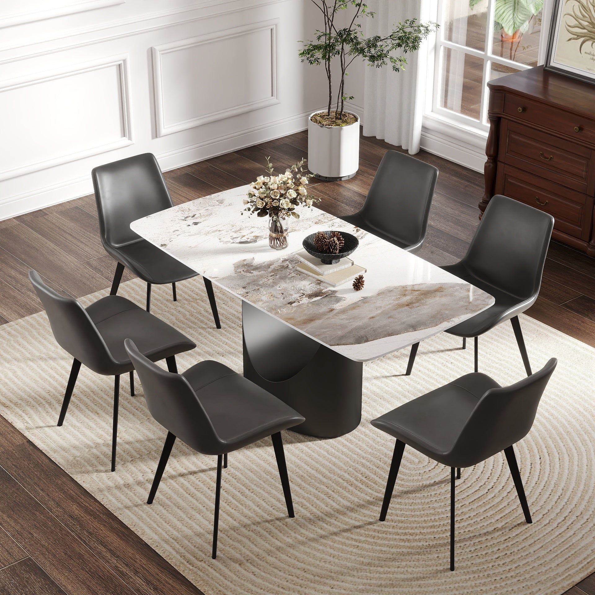 63 'Modern Artificial Stone Curved Pandora White Panel Black Iron Metal Legs-Can Accommodate 6-8 People