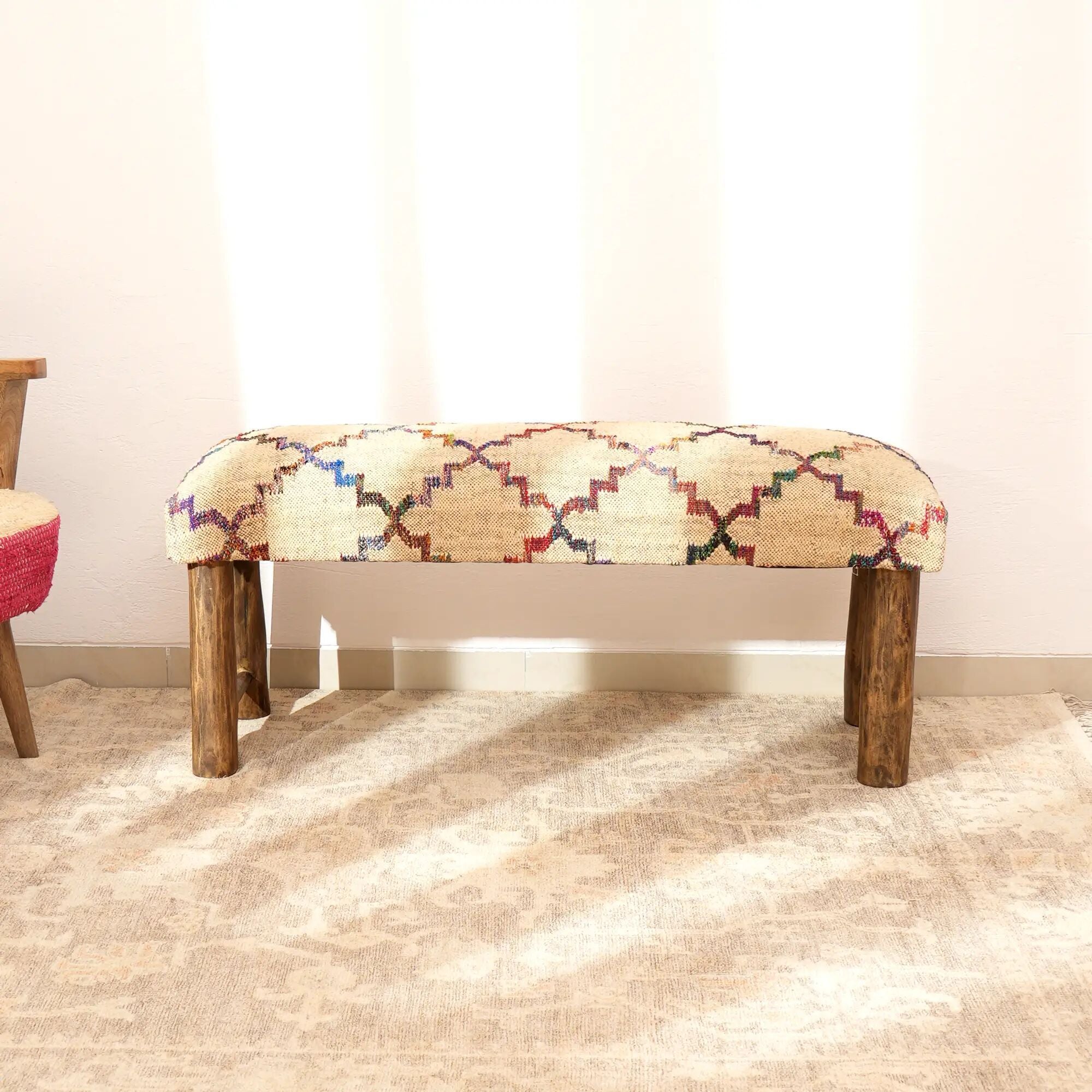 Decorative Jute Fabric Upholstered Multicolor Bench-45X14X18'