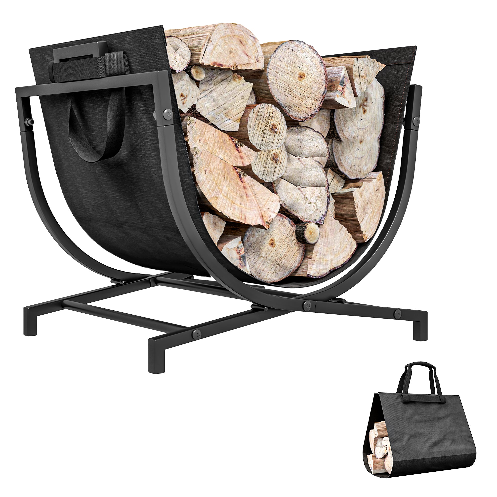 Outsunny Folding Firewood Rack with Canvas Carrier, Portable Log Rack with Handles, Heavy Duty Indoor Outdoor Wood Storage Holder for Fireplace, 16.9' x 15' x 15.9', Black