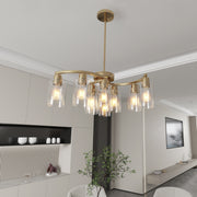 9-Light Gold Glass Chandelier, Adjustable Height Dining Room Light Fixtures Over Table, Contemporary Hanging Chandelier for Kitchen Island Living Room Foyer Office, Clear Glass Shade