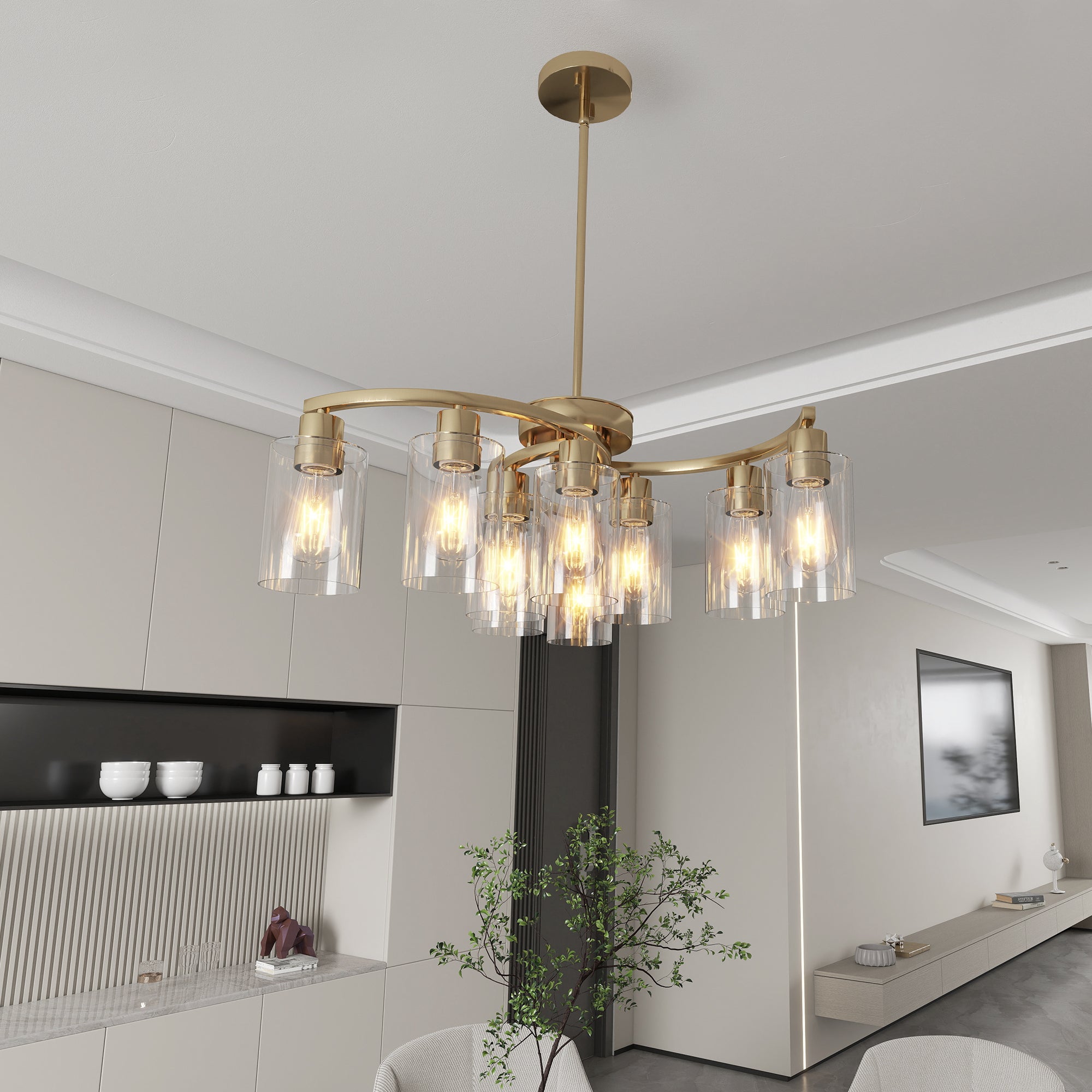 9-Light Gold Glass Chandelier, Adjustable Height Dining Room Light Fixtures Over Table, Contemporary Hanging Chandelier for Kitchen Island Living Room Foyer Office, Clear Glass Shade