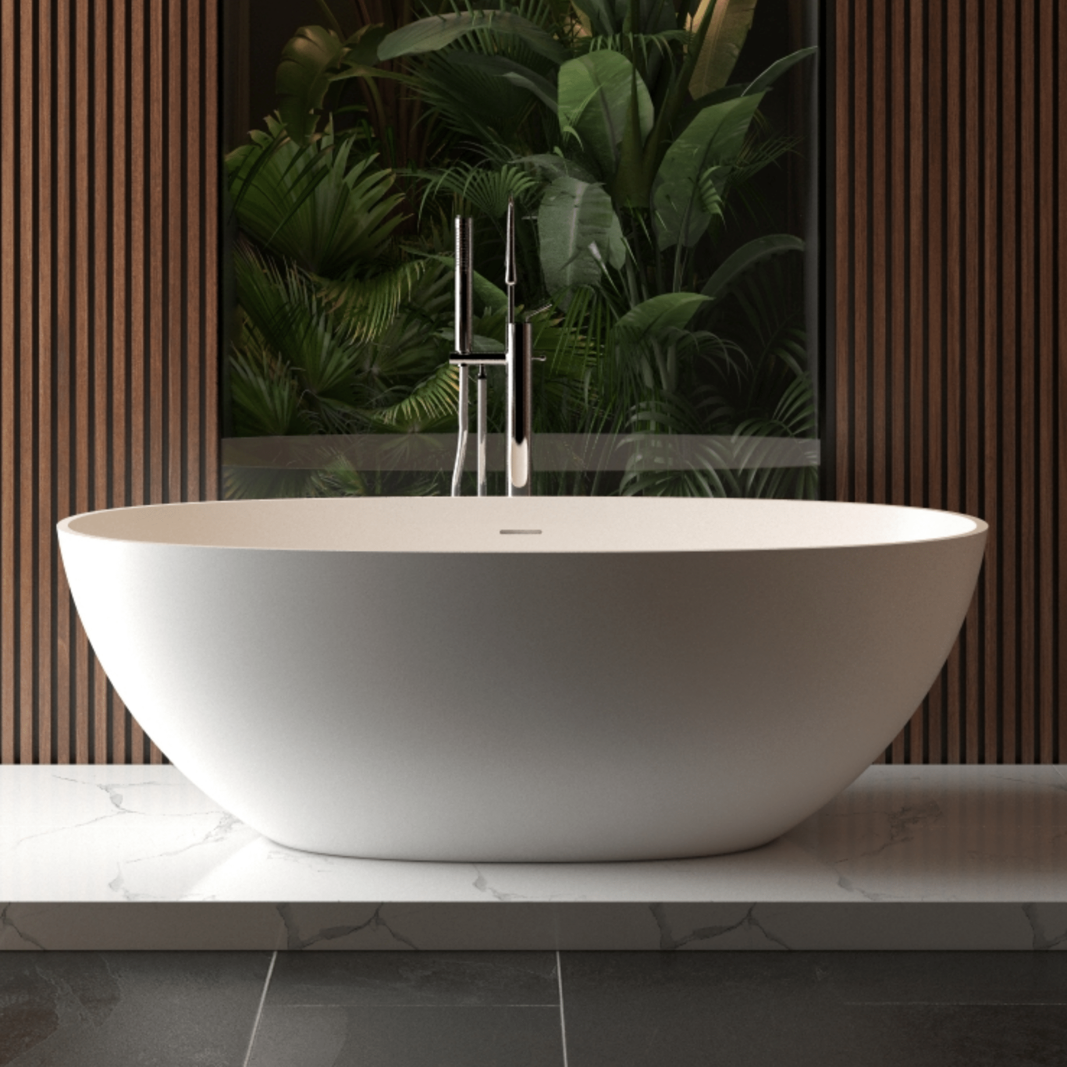 65' Freestanding Solid Surface Bathtub, Luxury Handcrafted Stone Resin Freestanding Soaking Bathtub with Overflow and Pop-up Drain, Matte White 24S06-65MW