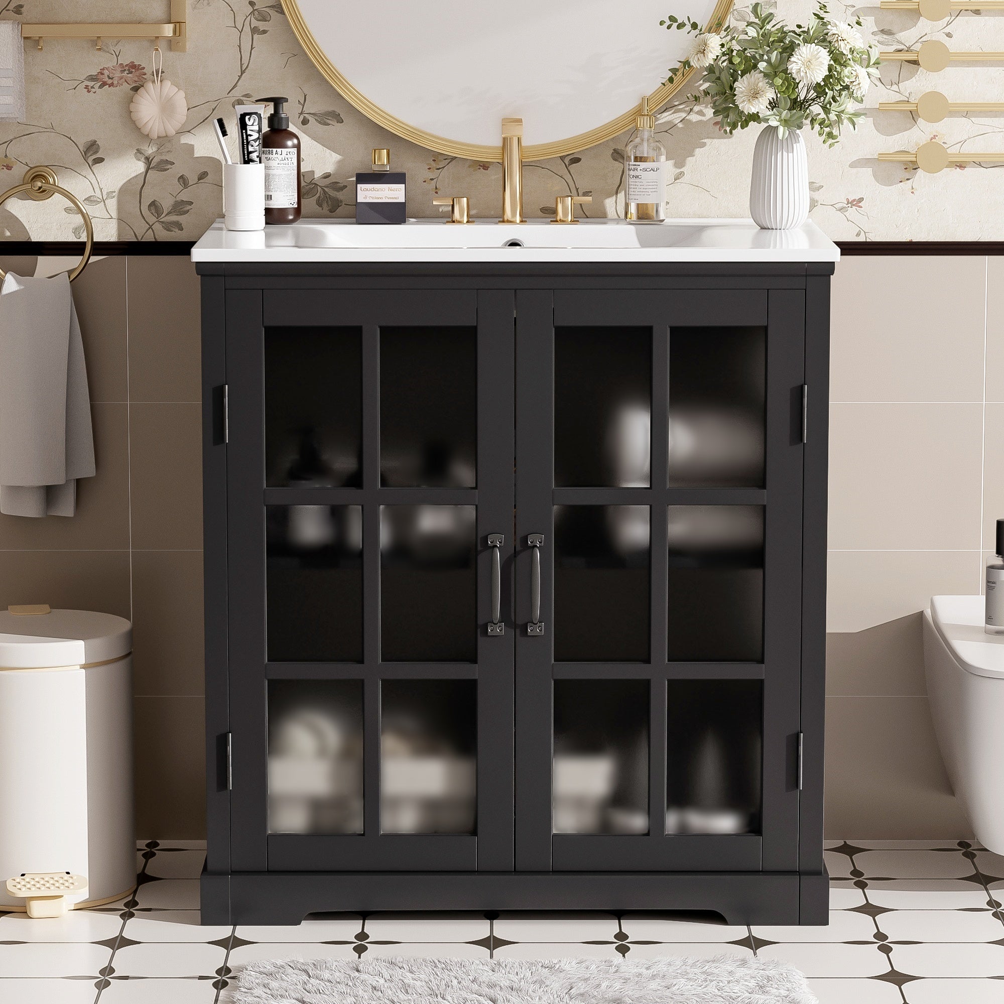 30' Modern Bathroom Vanity with Ceramic Sink, Bathroom Vanity Cabinet with Tempered Blurred Glass and Matte Black Handles, Equipped with Large Storage Space and Rubber Wood Frame, Black