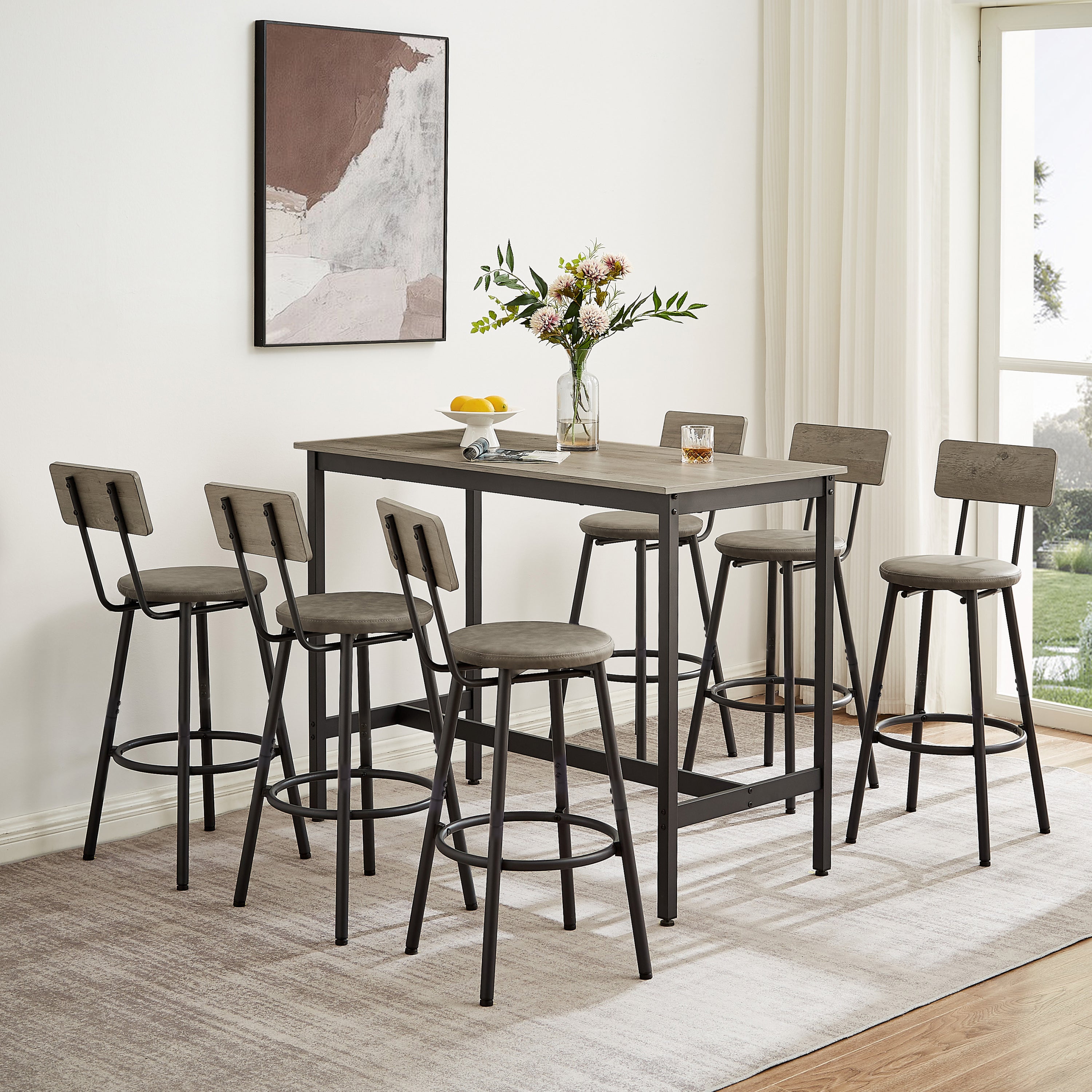 Pub High Dining Table 7 Piece Set, Industrial Style Pub Table, 6 PU Leather Bar Chairs for Kitchen Breakfast Table, Living Room, Bar, Rustic Grey, 47.2″L x 23.6'W x 35.4'H