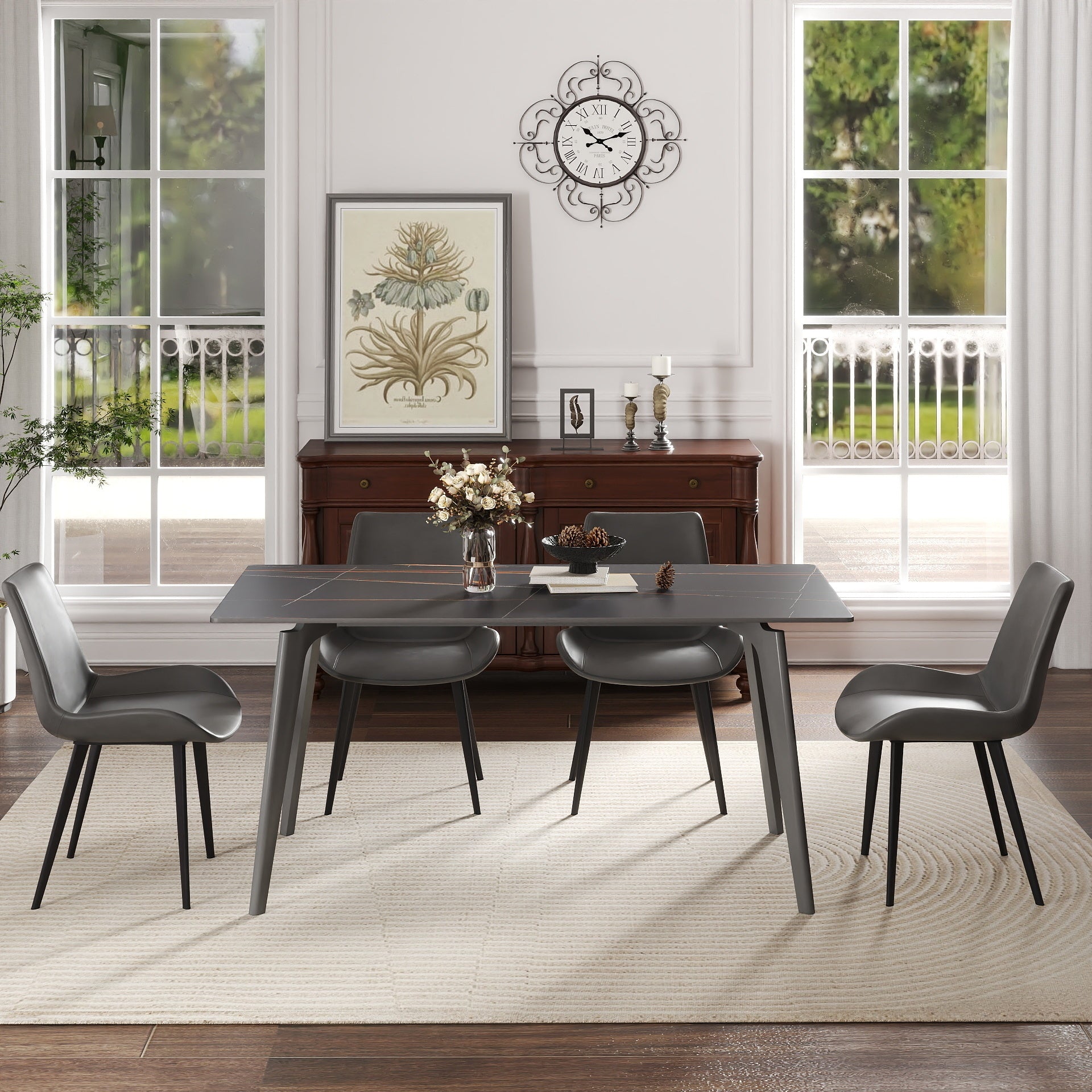 62.99' Modern Artificial Stone Black Straight Edge Dark Grey Metal Leg Dining Table-Can Accommodate 6 People(Dining Table Only)