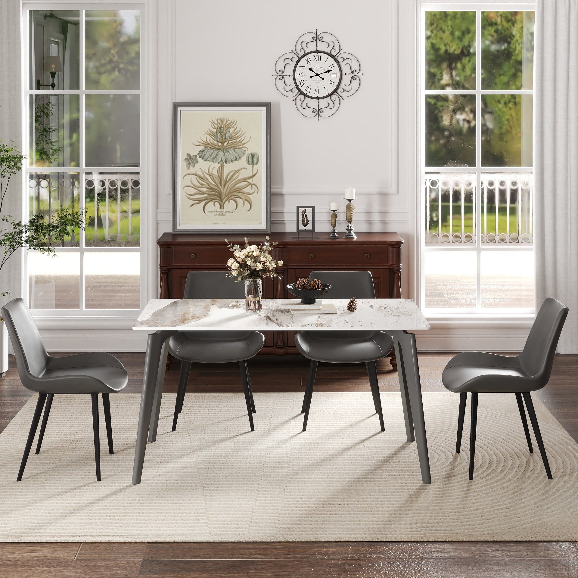 55.12' Modern Artificial Stone White Pandora Straight Edge Dark Grey Metal Leg Dining Table-Can Accommodate 6 People(Dining Table Only)