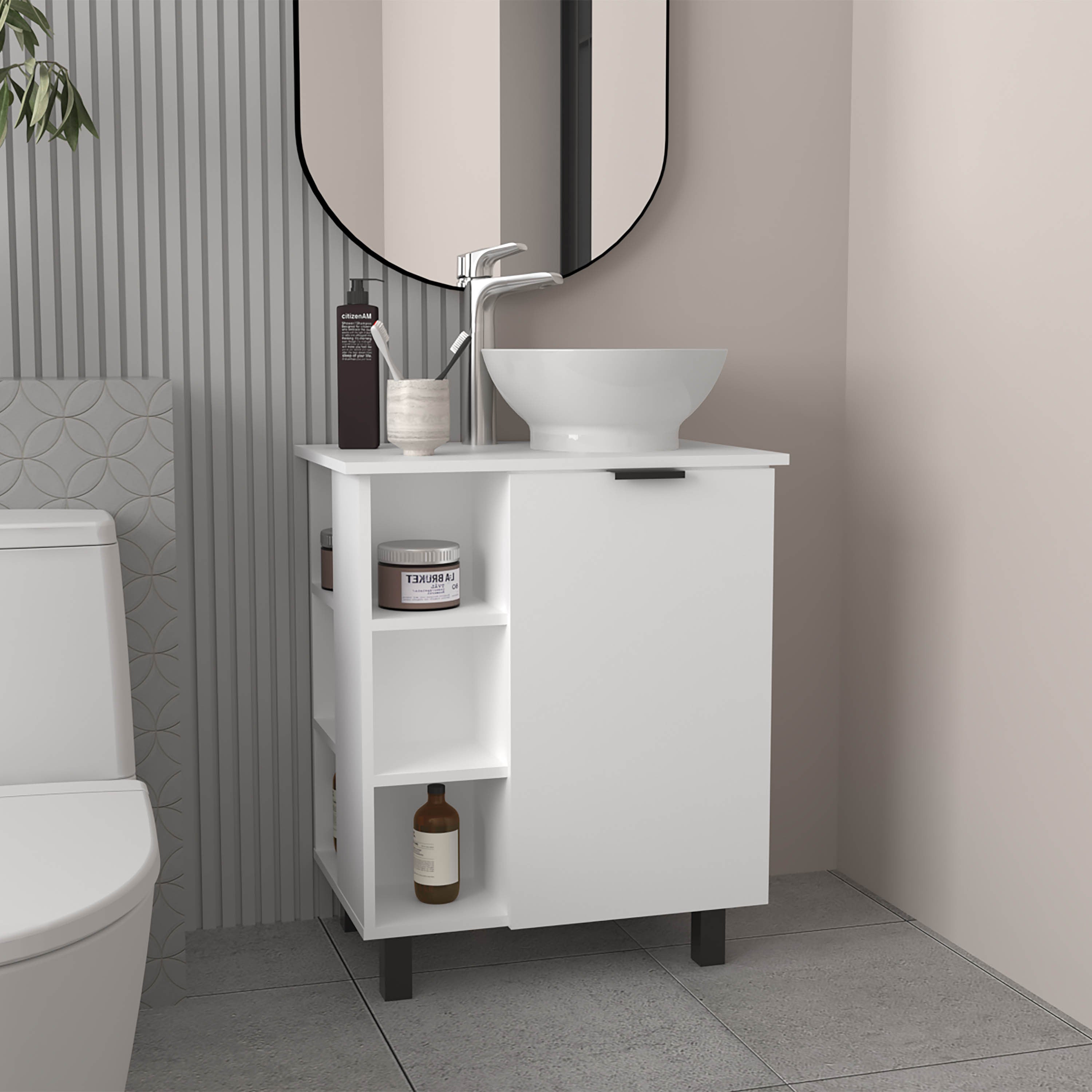 Allegra Floating Vessel Sink Bathroom Vanity, Double Doors, And Storage Shelf, White