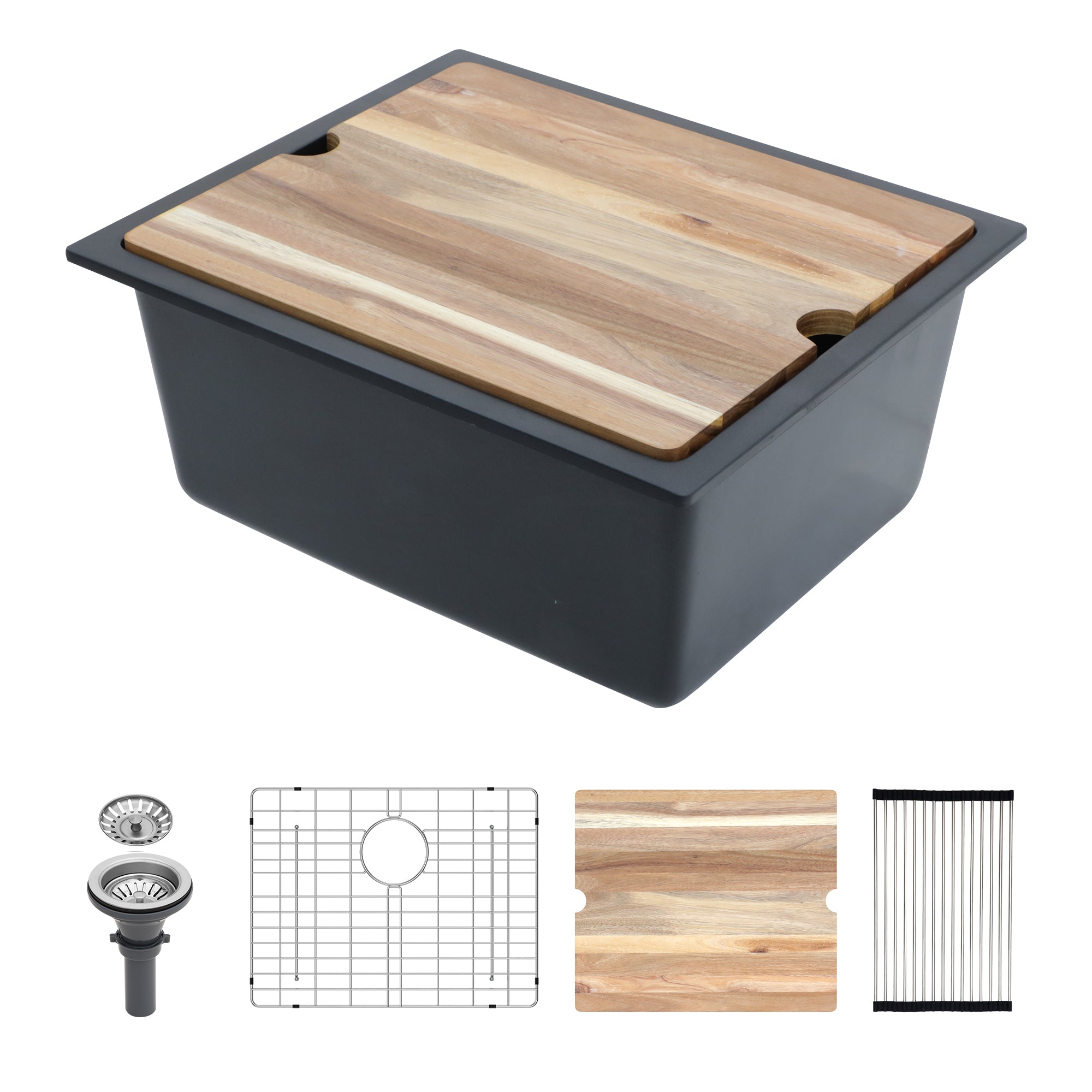 Quartz Composite Kitchen Sink with Workstation - Black Granite, Undermount, 21x18 Inches