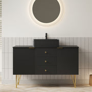 GEMA 48' Bathroom Vanity with Sink, Freestanding Plywood Storage Cabinet with 4 Gold Legs, 3 Drawers and 2 Doors, Black Rectangular Cermaic Basin & Black Sintered Stone Top, Pre-assembled, Black