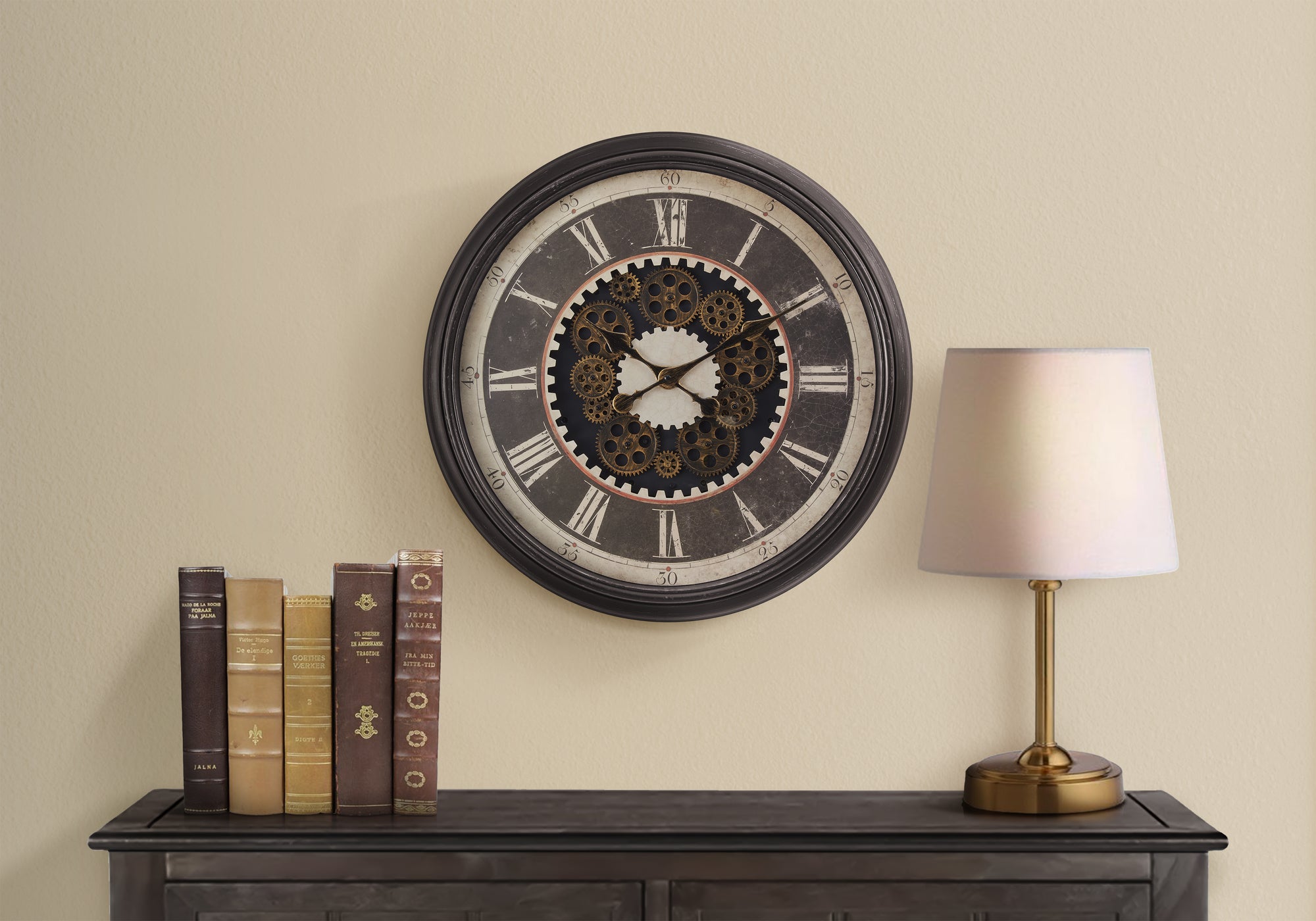 Clocks, 23' Round, Gear Mechanism, Wall Clock, Brown, Transitional