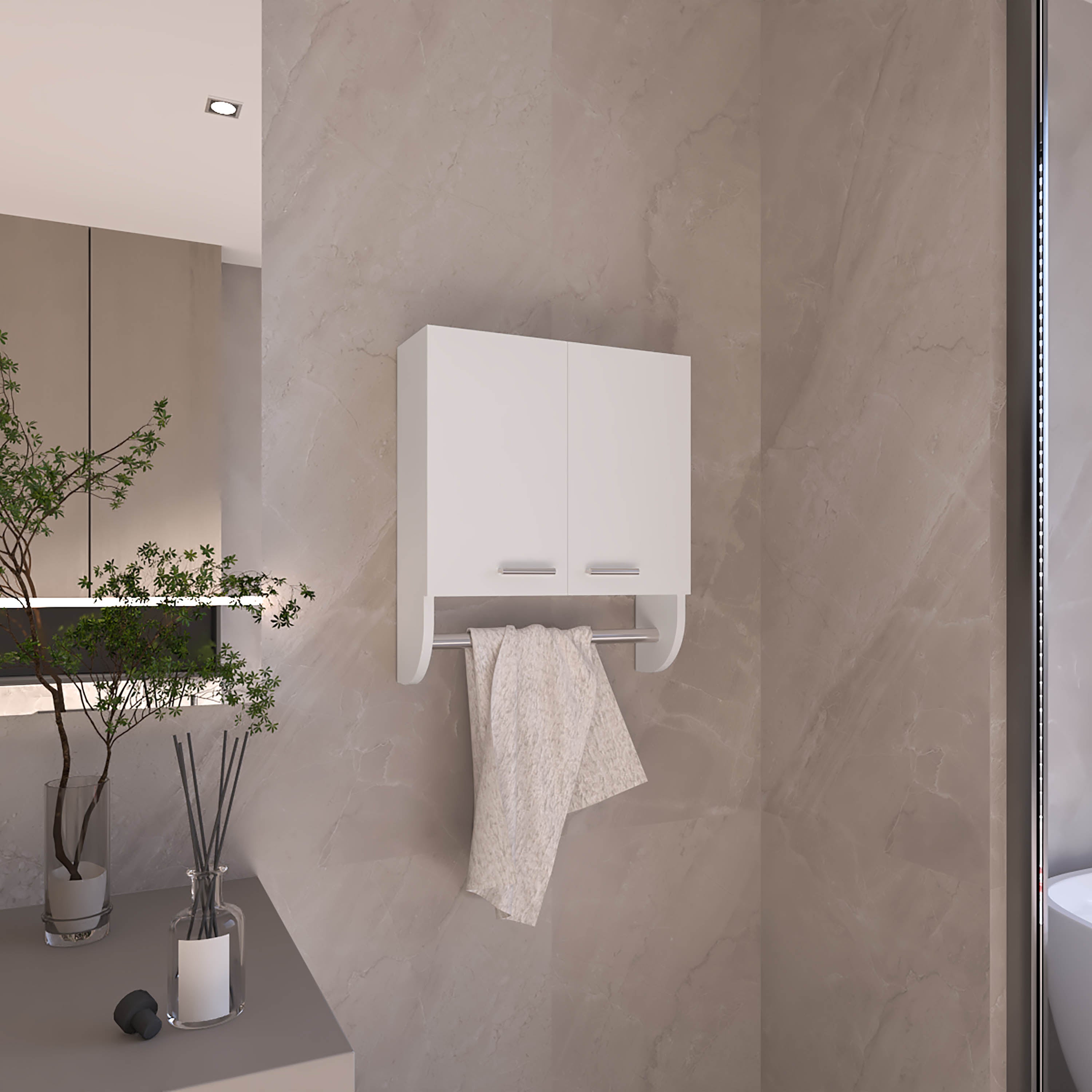 Optim Medicine Cabinet with towel holder 17.4' Wide Medice Cabinet Organizer with Two interior Shelves and Tower Holder for Bathroom, Kitchen, Mudroom