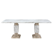 Contemporary STACEY Beige Dining Table with Faux Marble Finish and Rubber Wood Pedestal Base