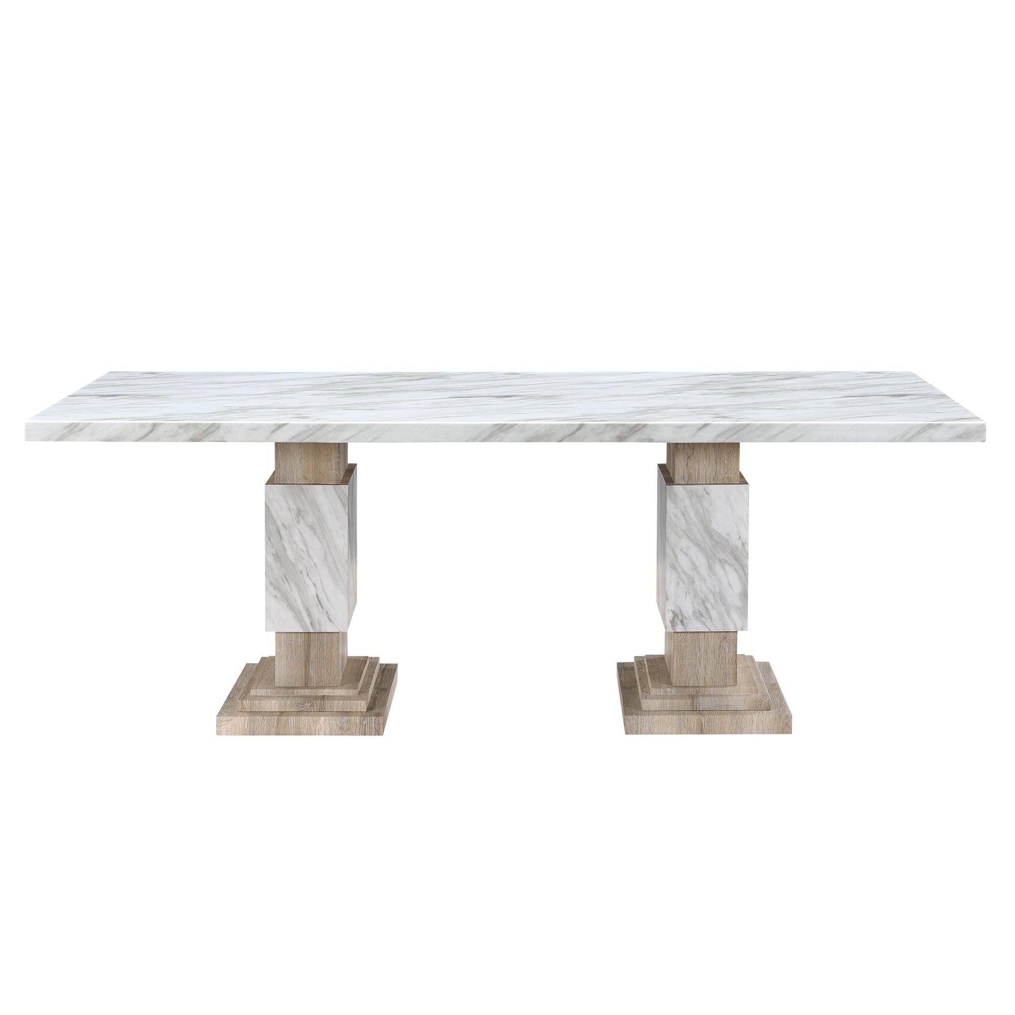 Contemporary STACEY Beige Dining Table with Faux Marble Finish and Rubber Wood Pedestal Base