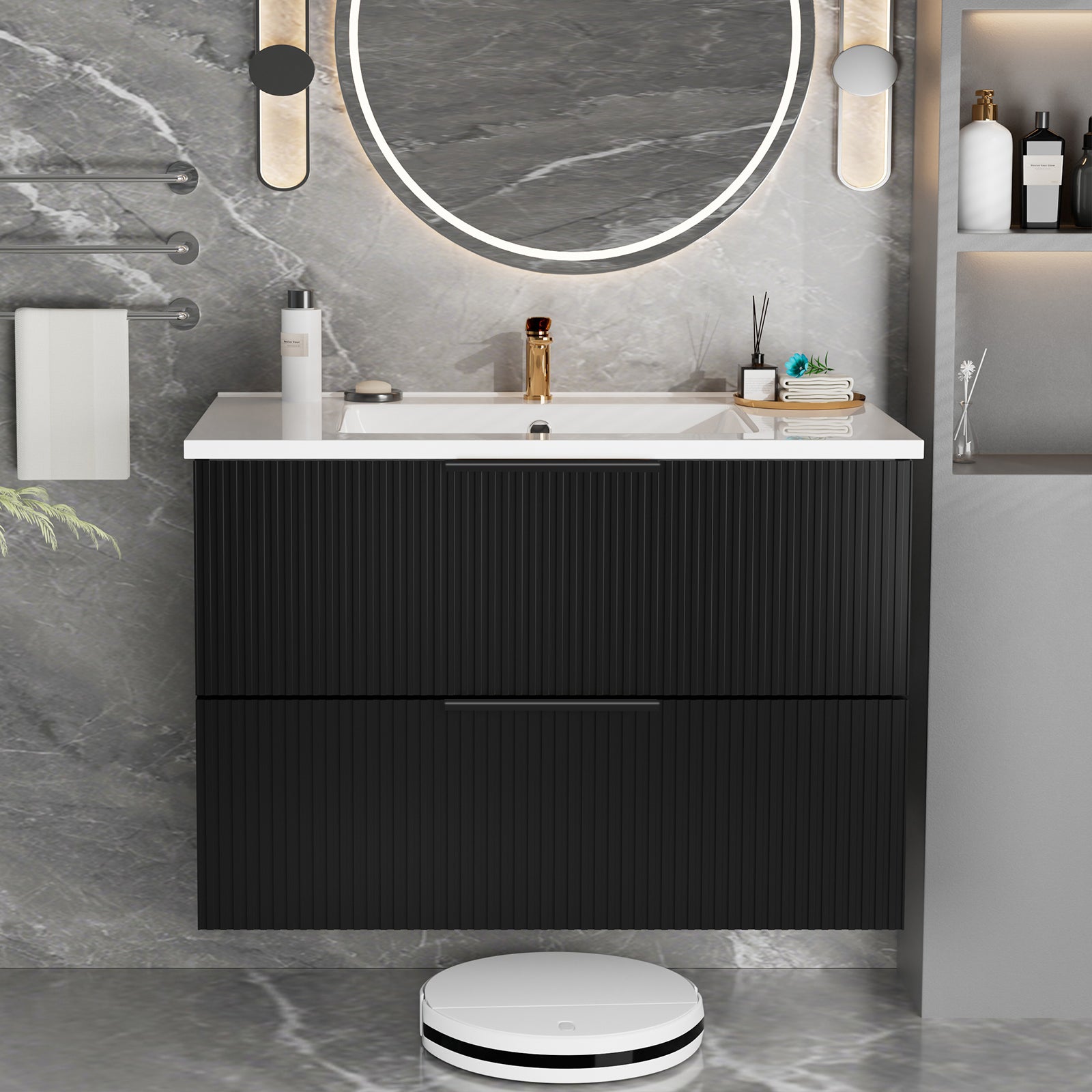 36 Inch Bathroom Vanity Cabinet With Ceramic Sink - Black Wall Mounted Floating Fluted Vanity With Drawers, Modern
