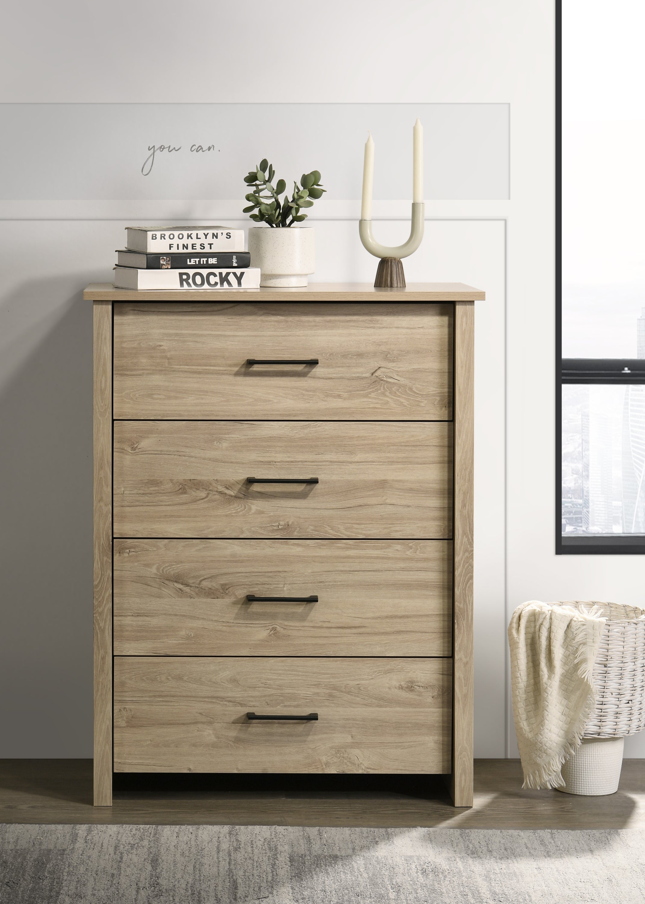 Celeste 32'W Light Oak Finish 4-Drawer Chest with Black Handles