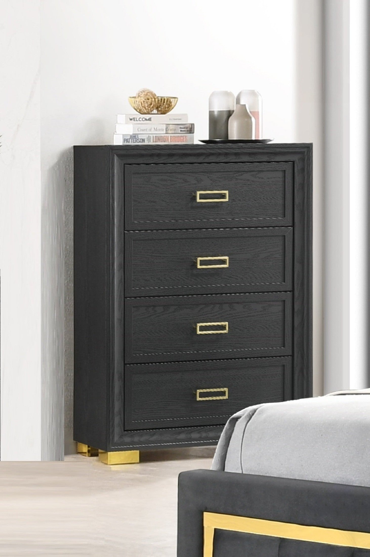 Glamorous 1pc Modern Glam Style 4-Drawer Chest Dark Gray Gold Finish Gold-colored Hardware Bedroom Furniture