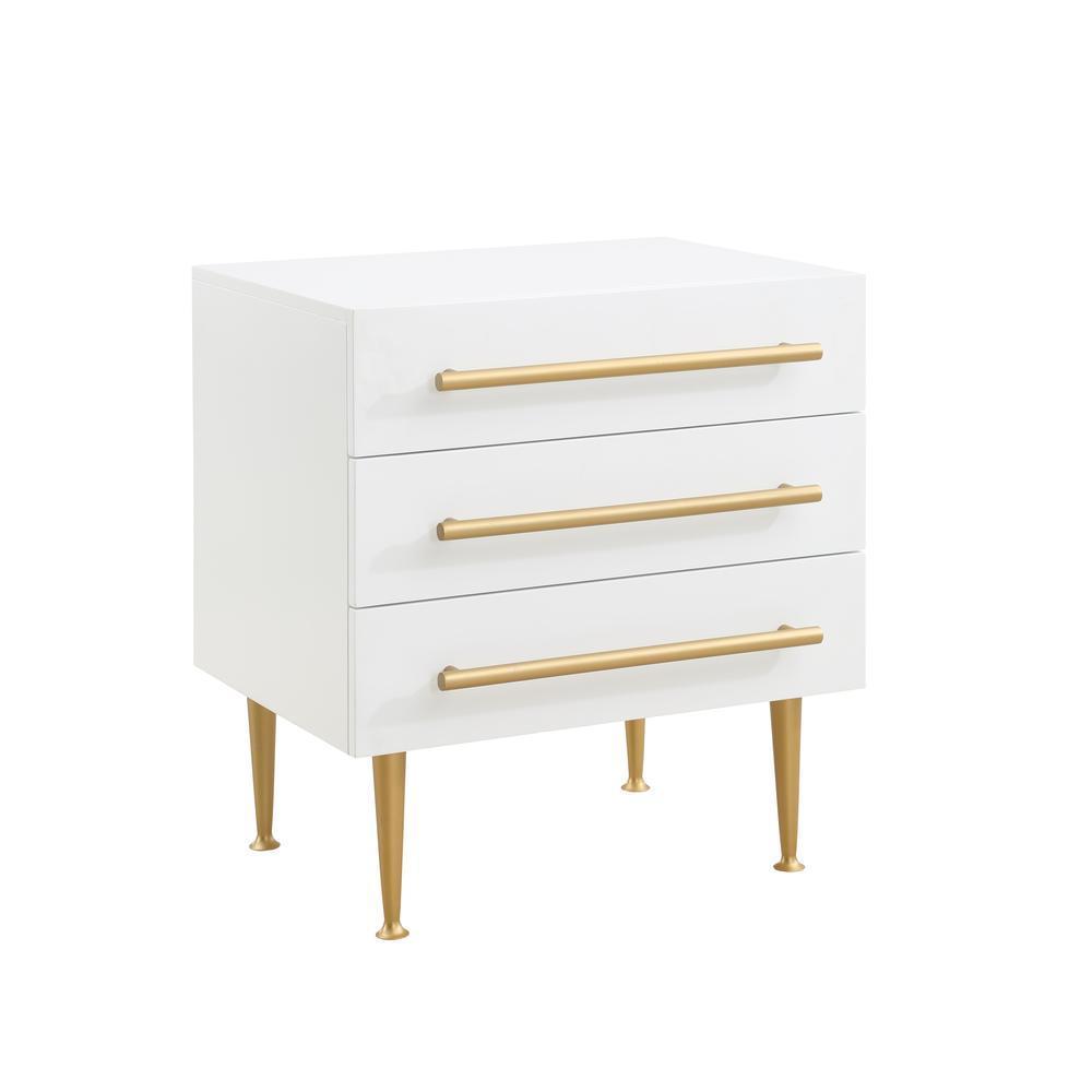 Modern Bedroom Furniture White Nightstand with Gold Accent, Wooden 3-Drawer Nightstand Bedside Table
