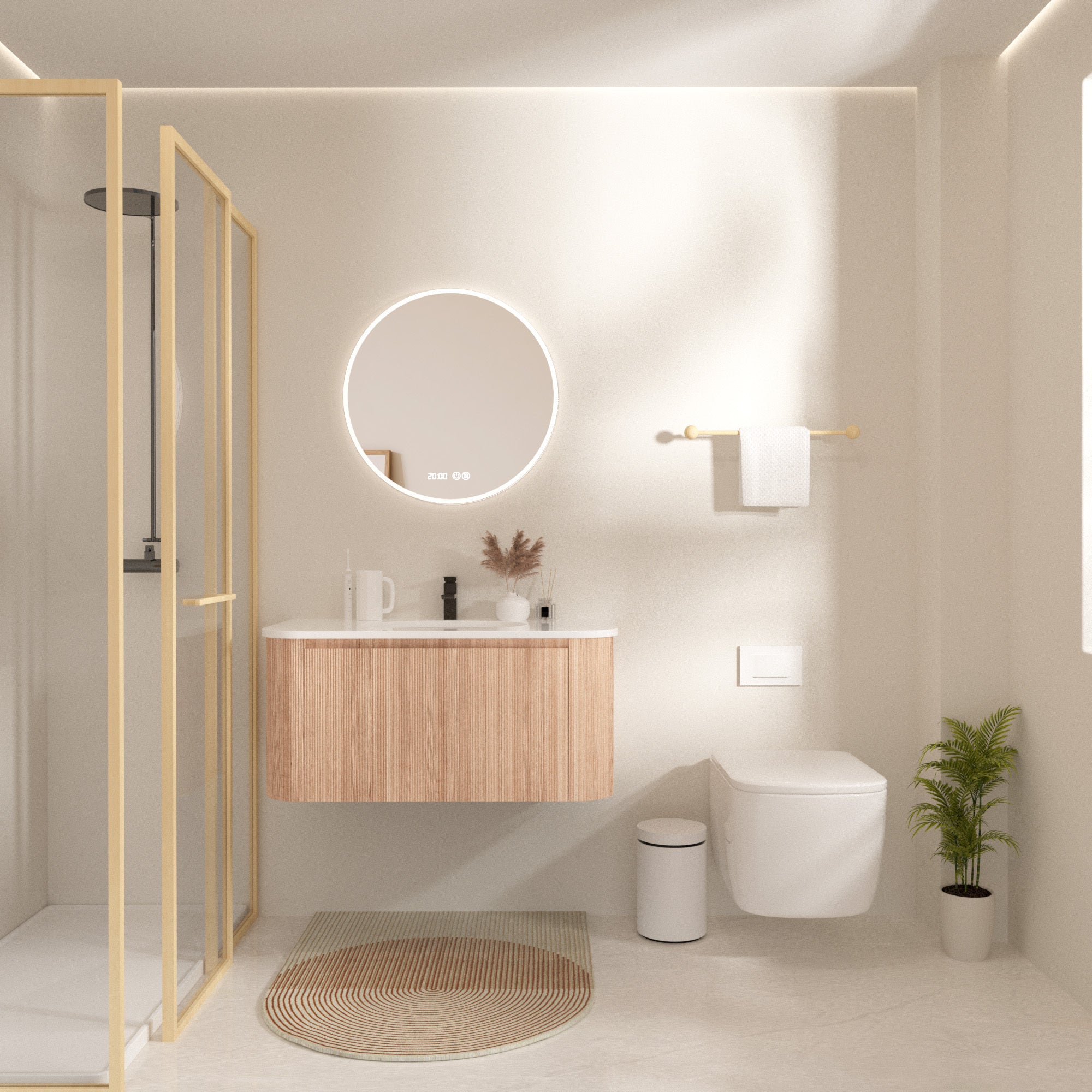 Arcora 36 Inch Wall Mounted Bathroom Vanity with Sink Curved Design, Wave Texture Wood Finish, Integrated Cultured Marble, Pre-Assembled, Modern Floating Vanity Cabinet with Soft Close Drawer