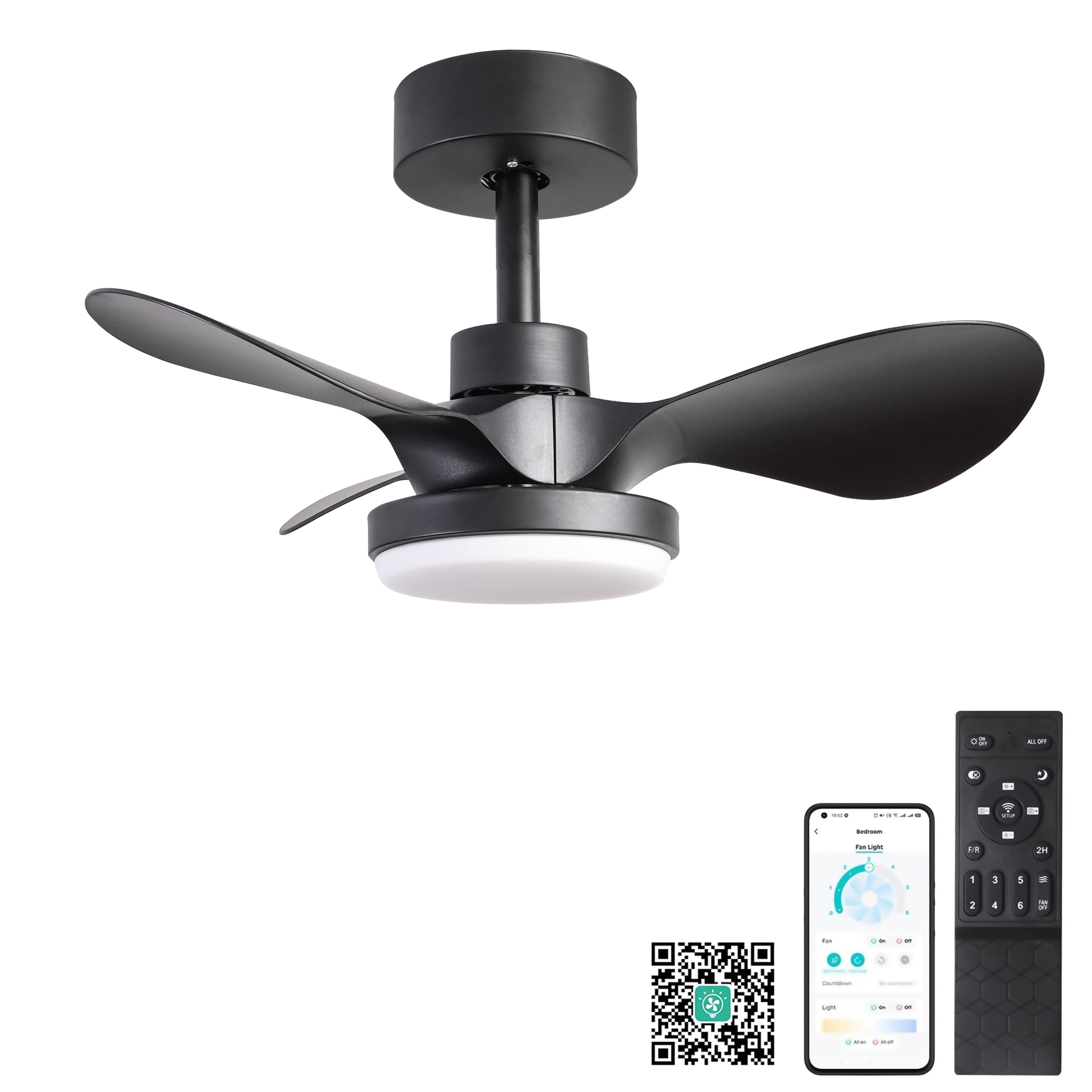 24' Small  Ceiling Fan with Light remote control ,Modern Low Profile black Ceiling Fan, 6-Speeds Quiet Reversible DC motor  for Bedroom,Kitchen