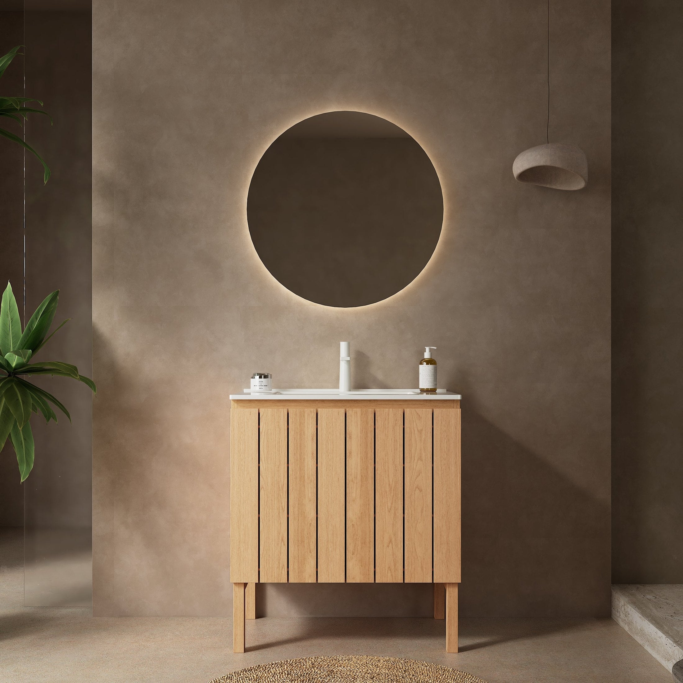 NIKO 30' Bathroom Vanity with Sink, Modern Freestanding Bathroom Storage Cabinet with Double Doors, White Ceramic Basin without Faucet, Natural Wood Woodgrain Color