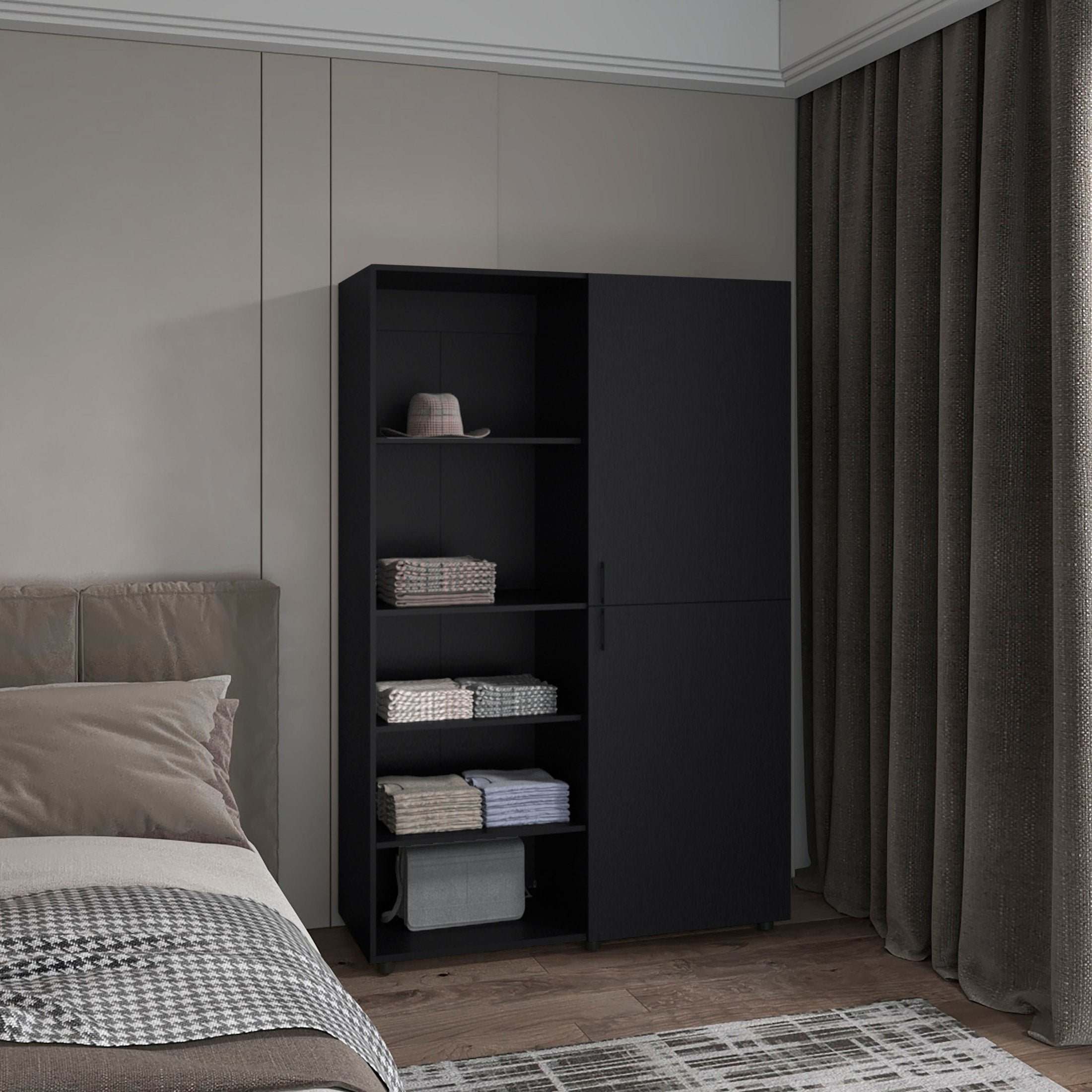 Eco High Two Door Freestanding Armoire With Hanging Rod And Interior Shelves, Compact Bedroom Wardrobe, Black