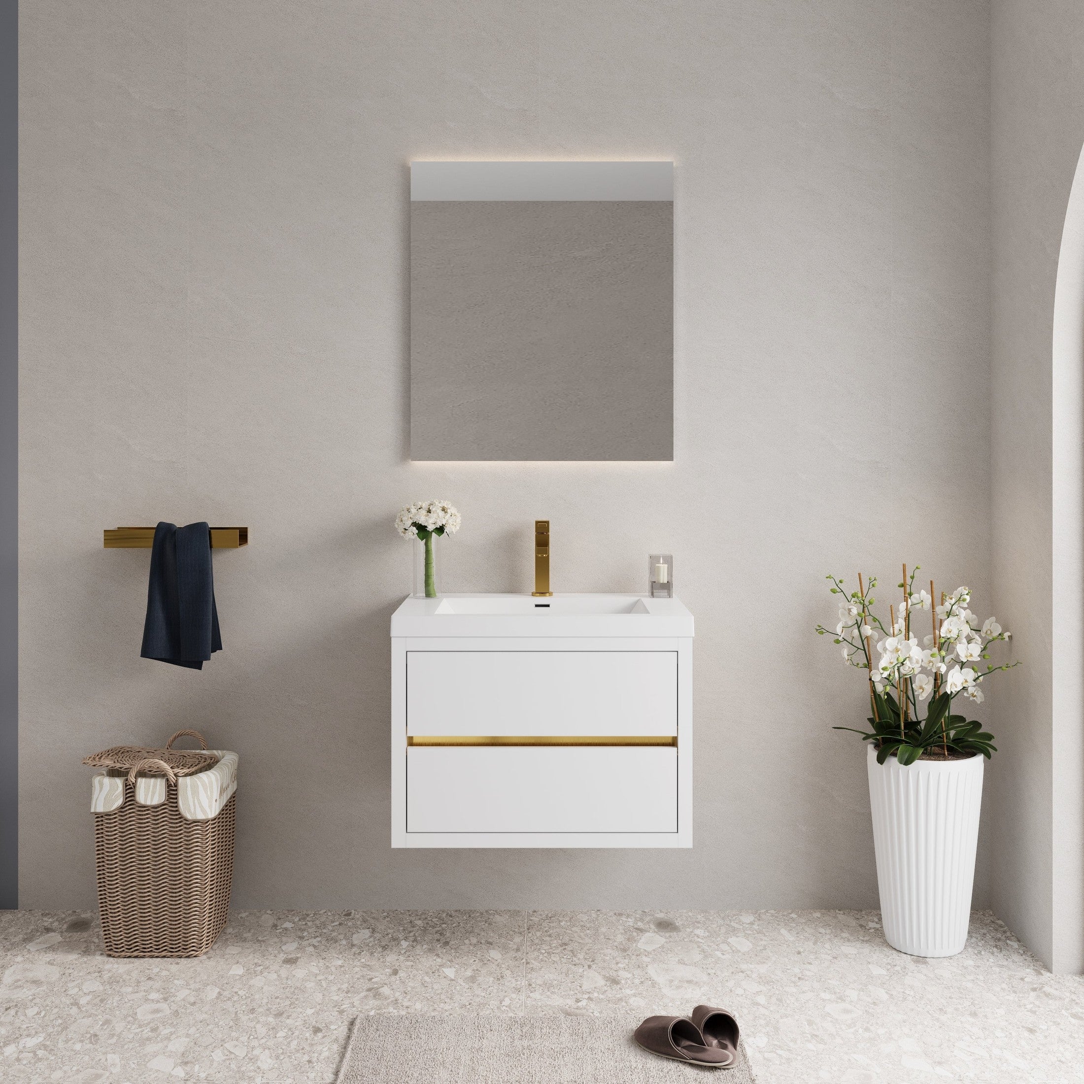 30' Wall-Mounted Bathroom Vanity with Sink, Floating Bathroom Storage Cabinet with Stone Resin Countertop and Soft Close Drawers, Glossy White 24V15-30GW