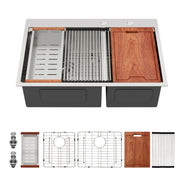 Brushed Nickel Topmount Drop-In Kitchen Sink with Double Bowl Design in Stainless Steel and 33x22x10 Dimensions